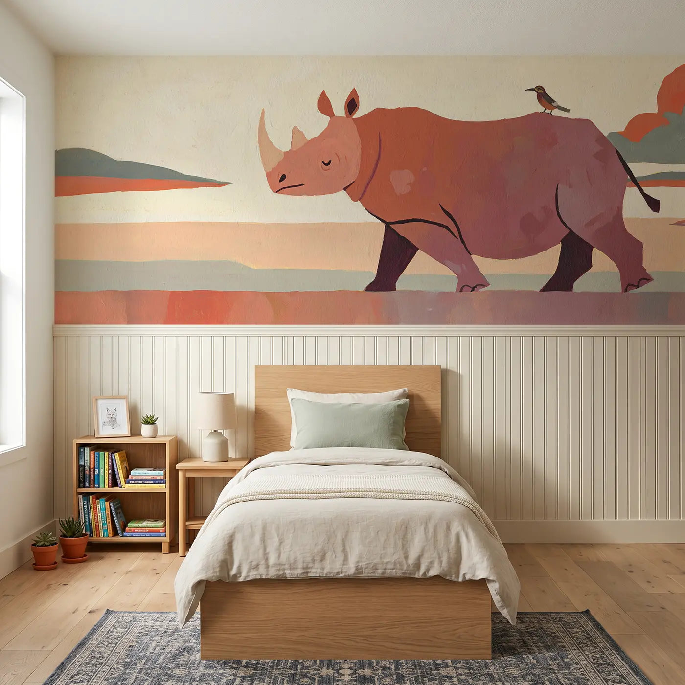 Modern Illustration rhino parade bold wainscoting wallpaper for bedroom by Whimsy Tots.