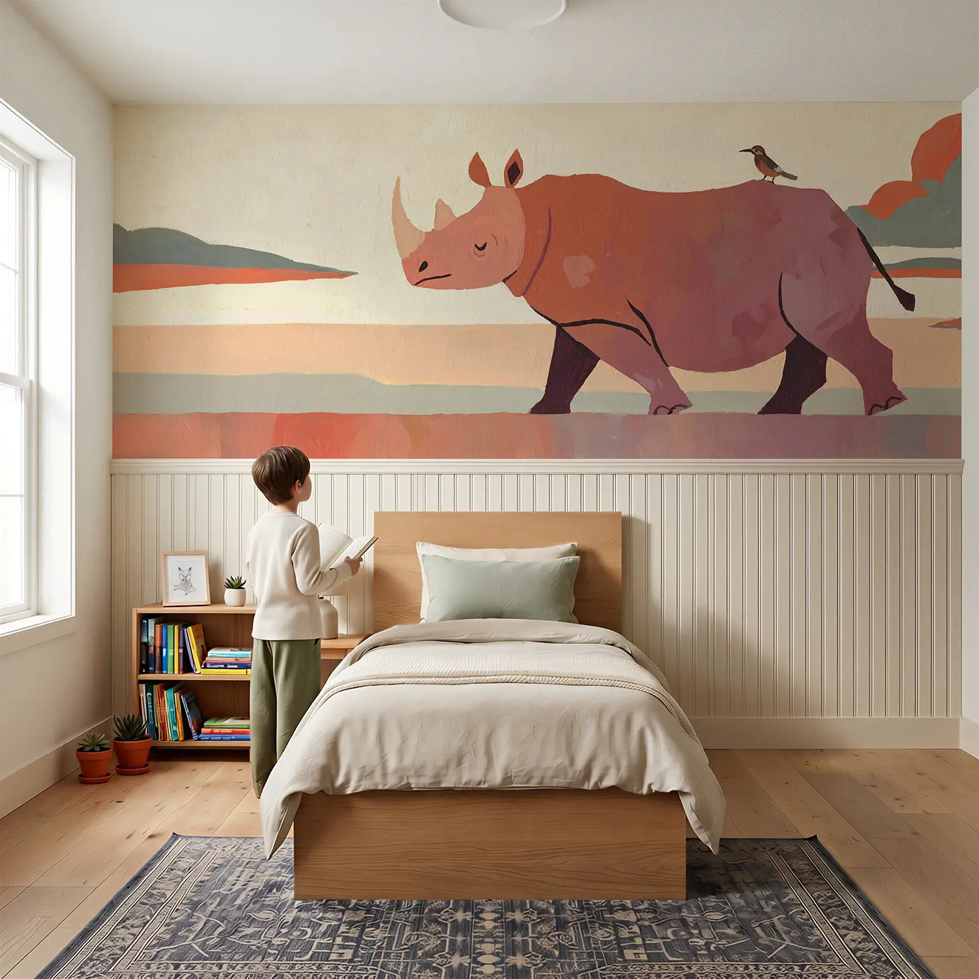 Child reading near Graphic Rhino Parade Bold Wainscoting Wallpaper by Whimsy Tots