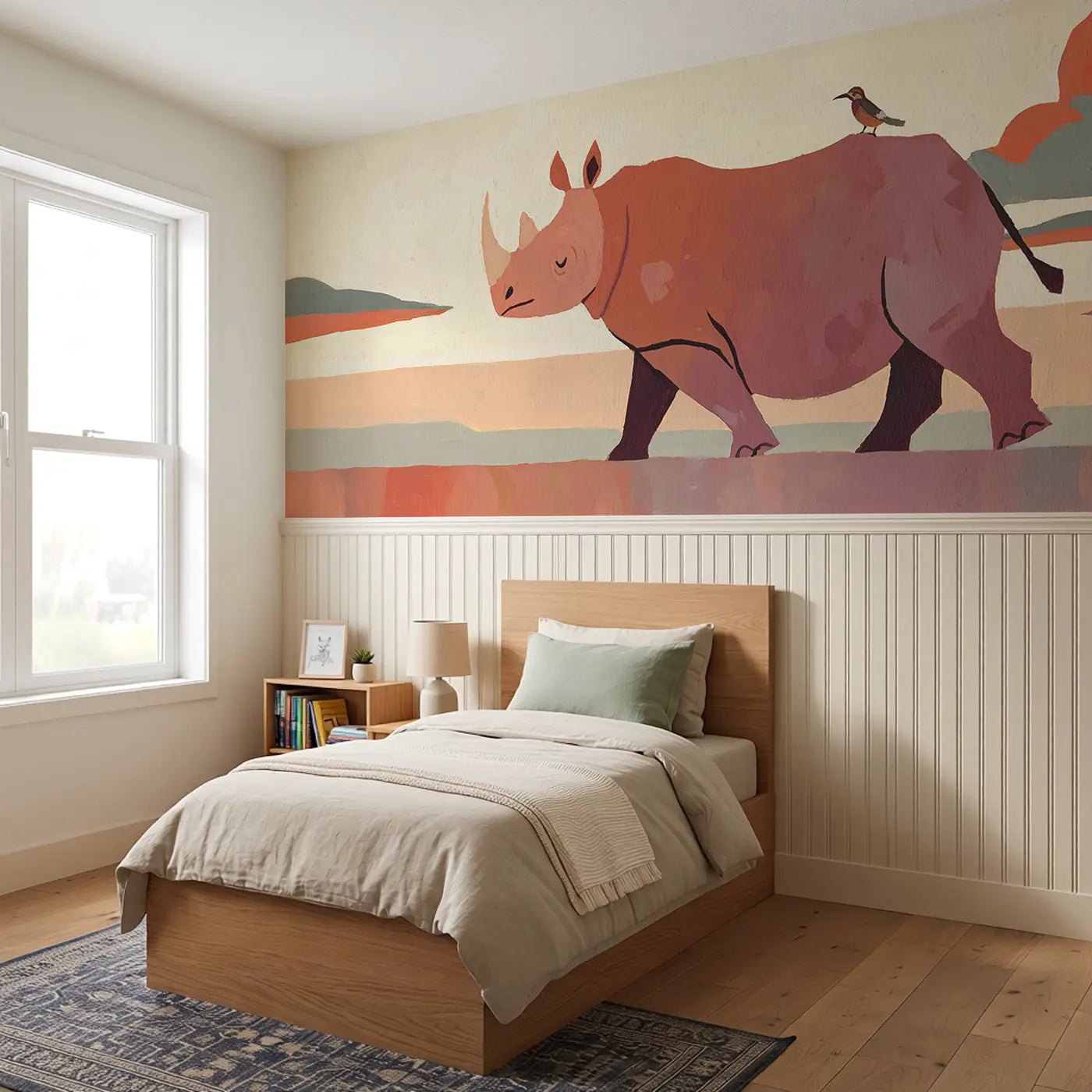 Graphic Rhino Parade Bold Wainscoting Wallpaper styled in a kids bedroom by Whimsy Tots