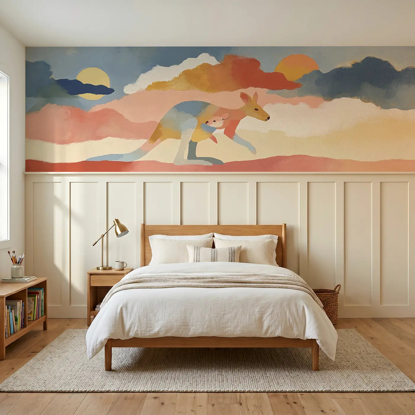 Modern Illustration kangaroo outback flat wainscoting wallpaper for bedroom by Whimsy Tots.