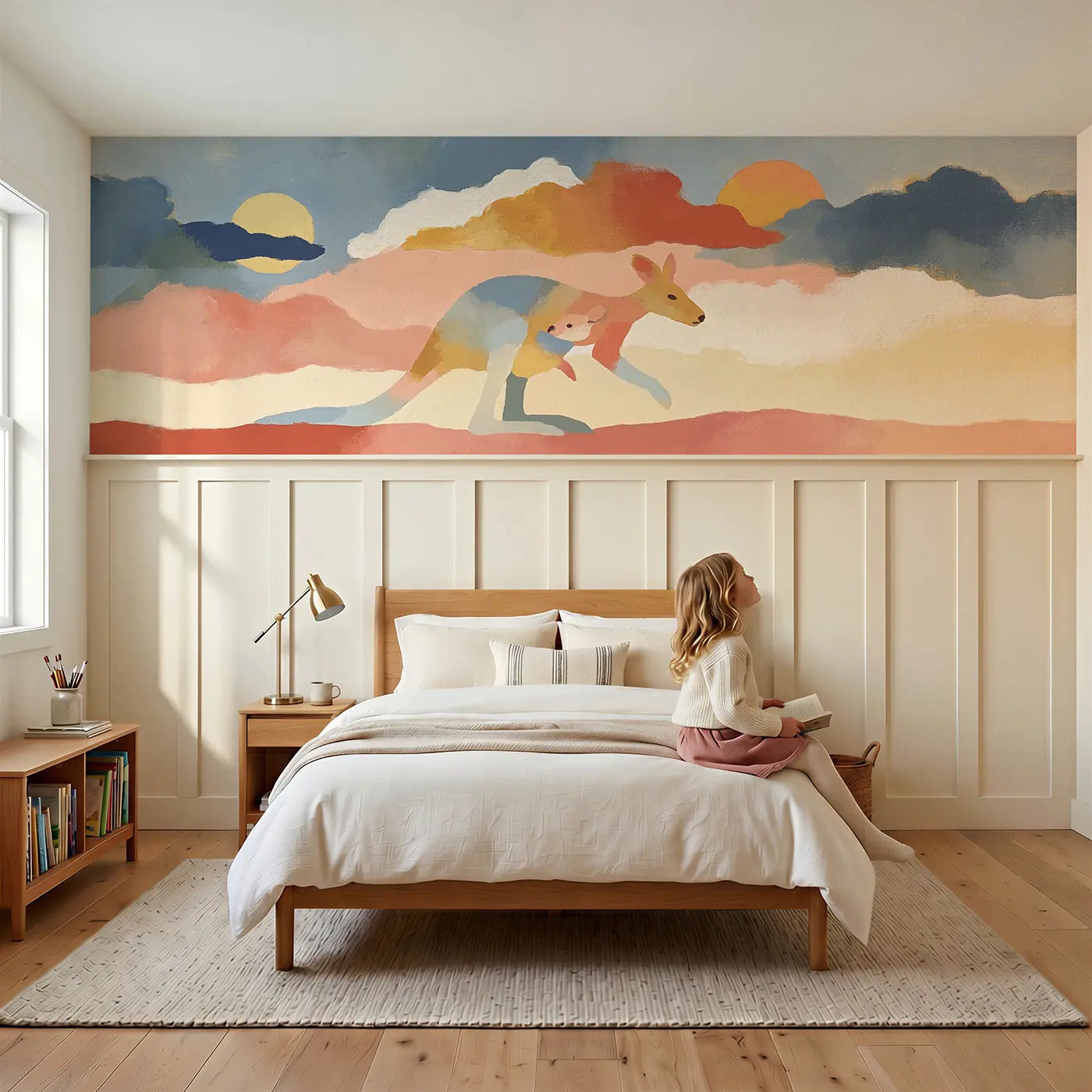Child reading near Bold Kangaroo Outback Flat Wainscoting Wallpaper by Whimsy Tots