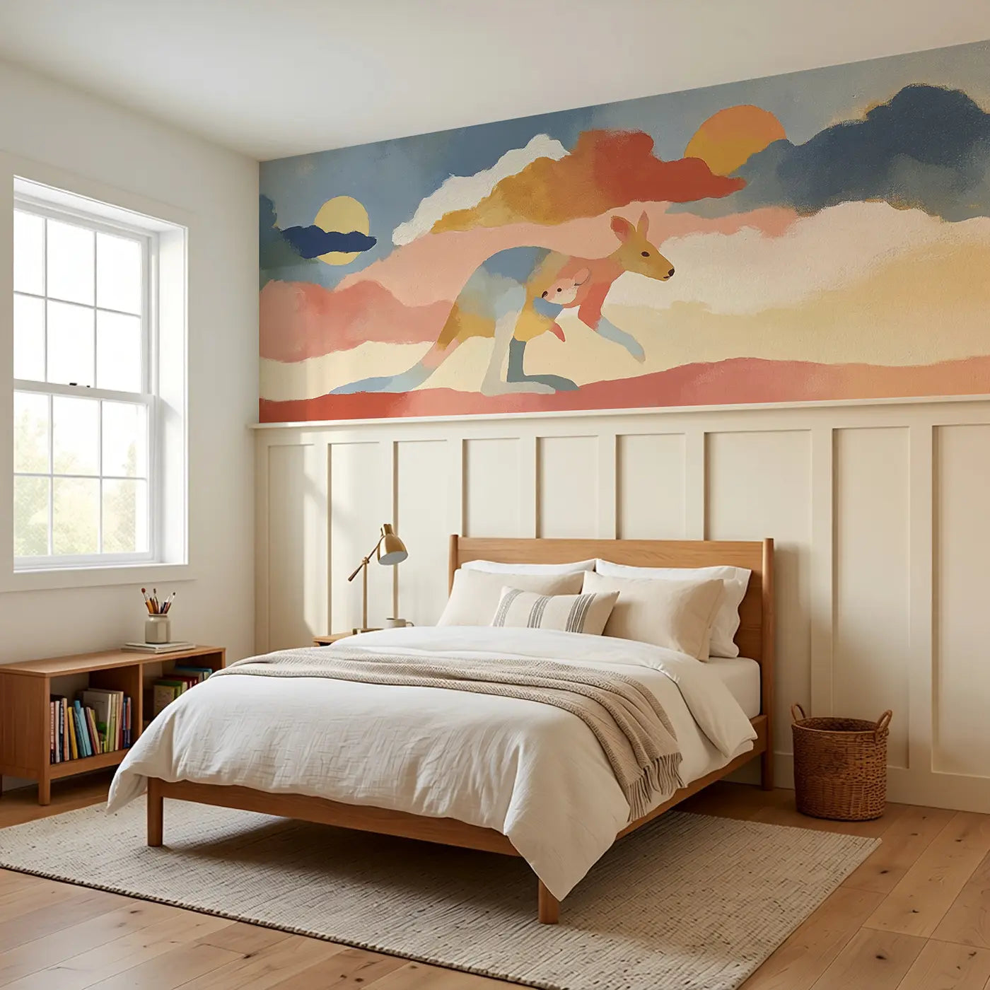 Bold Kangaroo Outback Flat Wainscoting Wallpaper styled in a kids bedroom by Whimsy Tots
