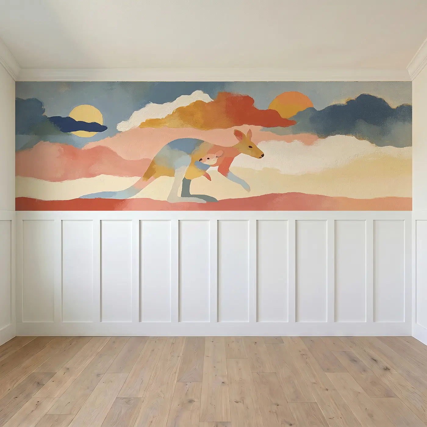 Full panel view of Bold Kangaroo Outback Flat Wainscoting Wallpaper by Whimsy Tots
