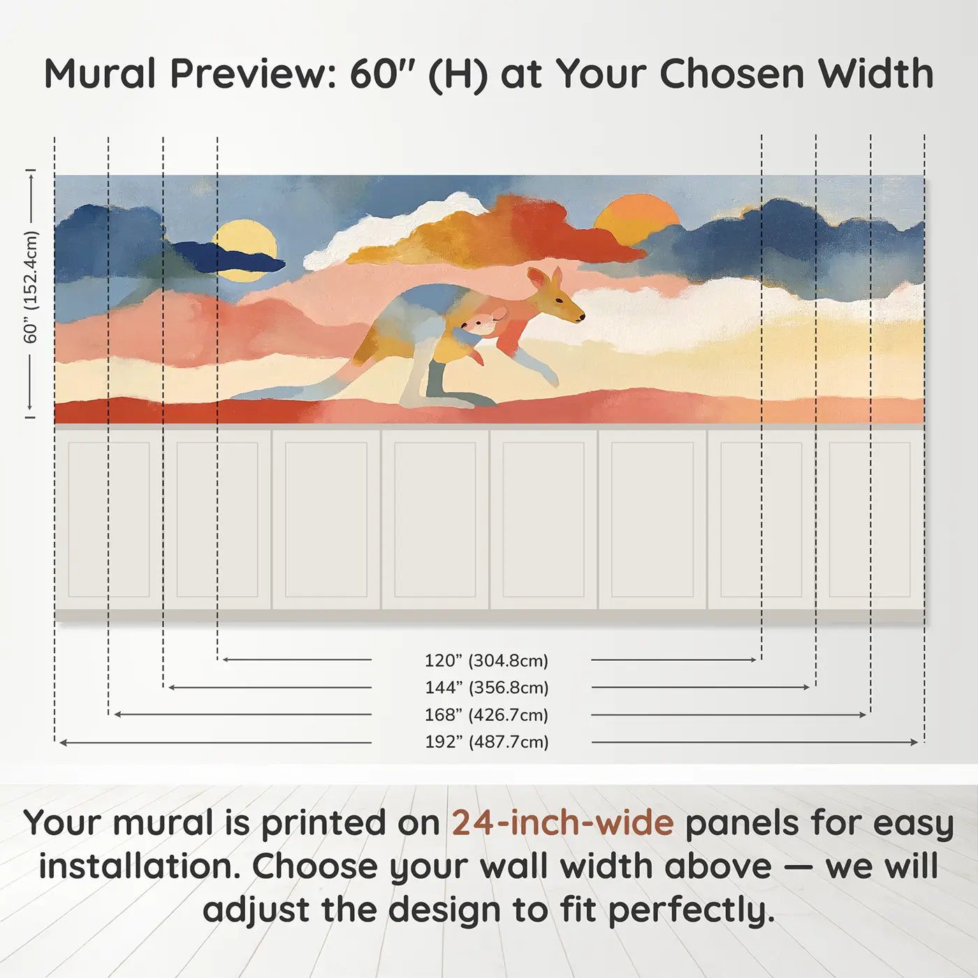 Panel dimensions for Bold Kangaroo Outback Flat Wainscoting Wallpaper by Whimsy Tots