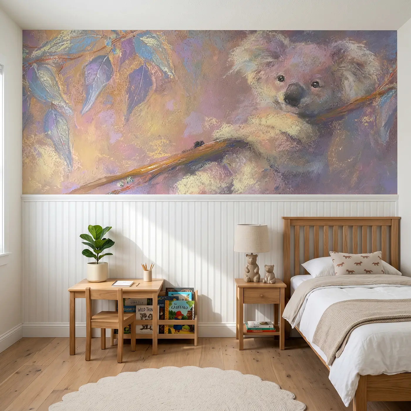 Soft Pastel koala branch hug wainscoting wallpaper for nursery by Whimsy Tots.