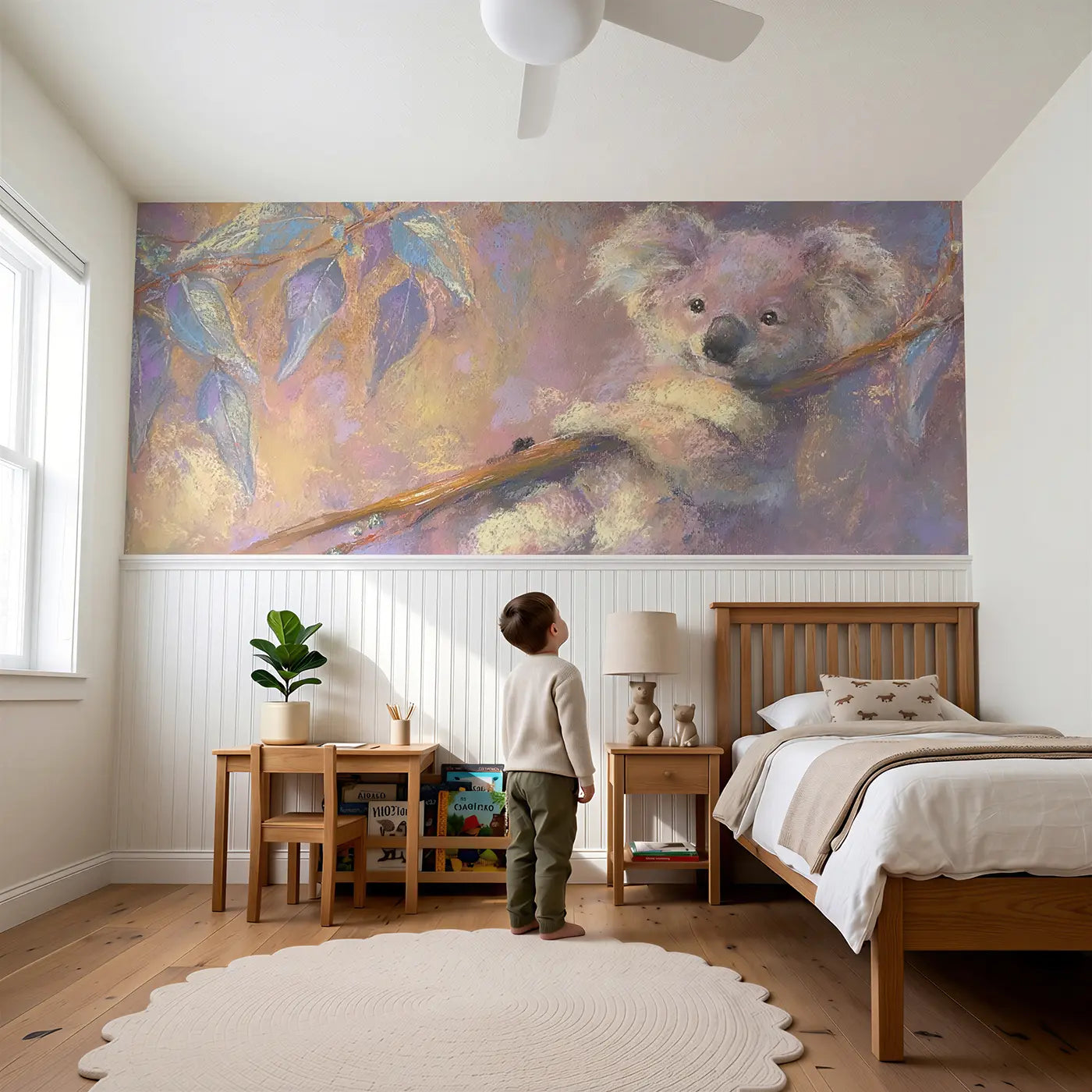 Child reading near Chalk Koala Branch Hug Soft Wainscoting Wallpaper by Whimsy Tots