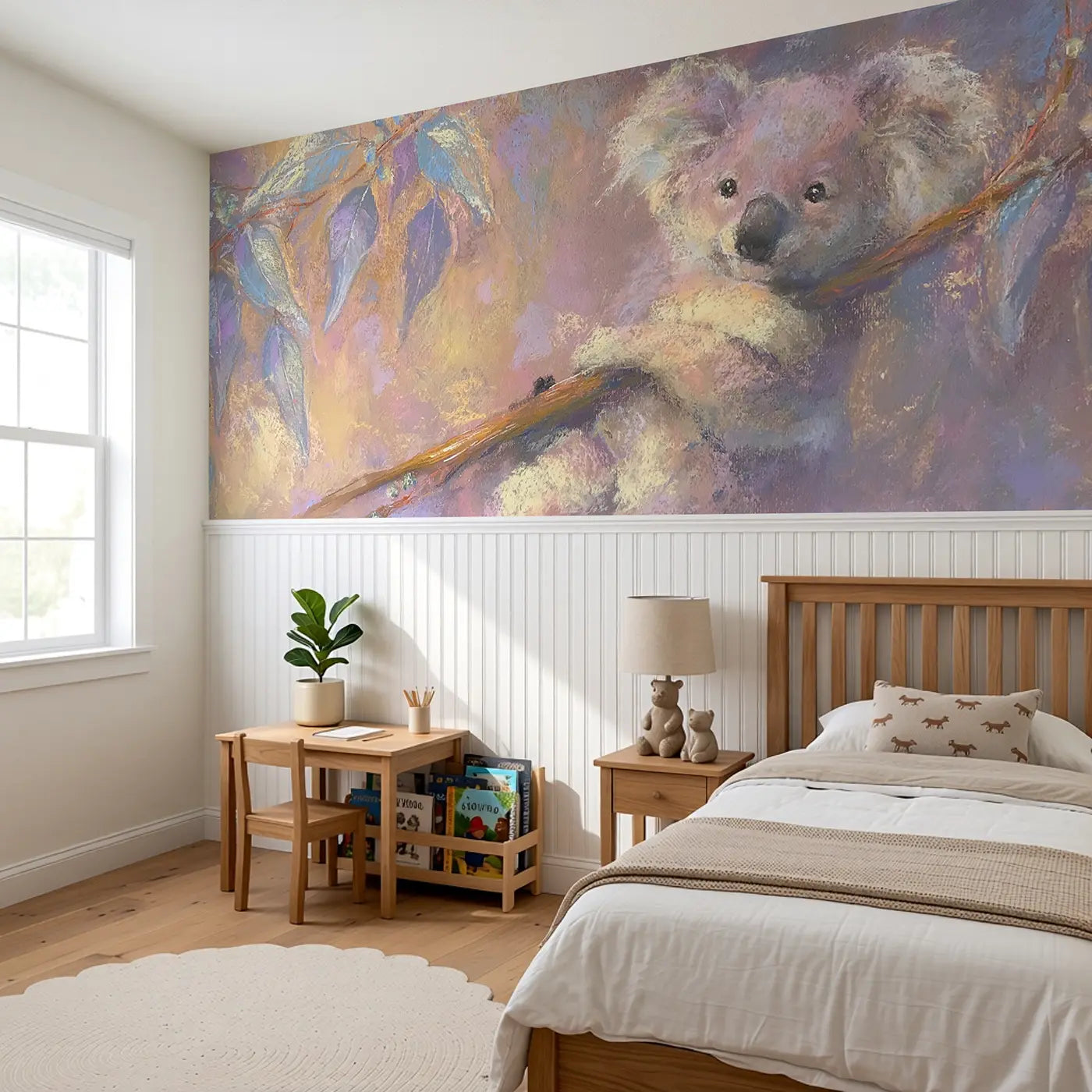 Chalk Koala Branch Hug Soft Wainscoting Wallpaper styled in a kids bedroom by Whimsy Tots