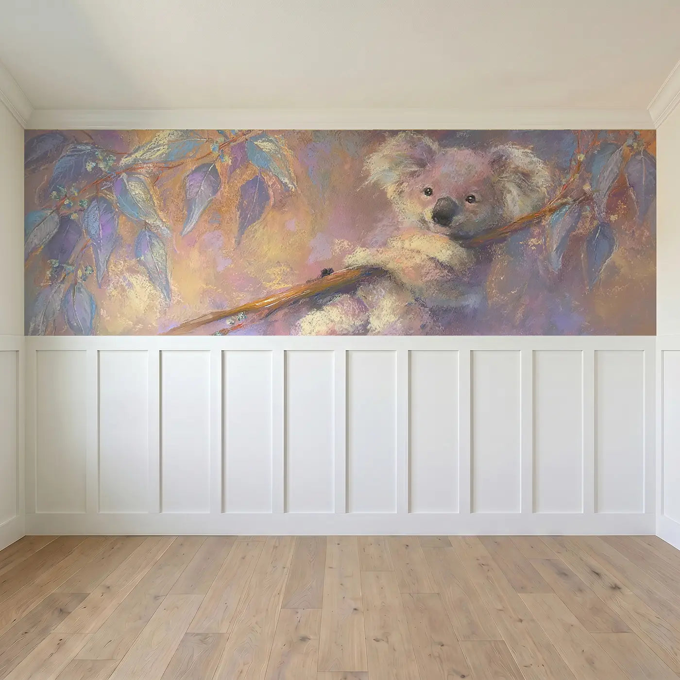 Full panel view of Chalk Koala Branch Hug Soft Wainscoting Wallpaper by Whimsy Tots