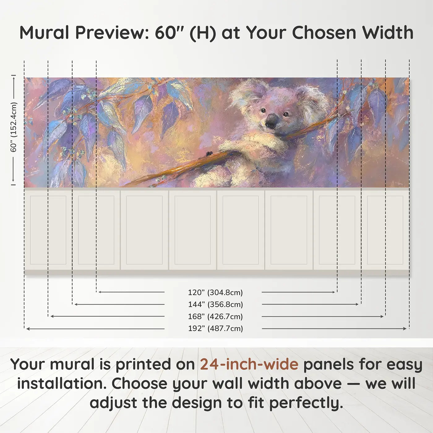 Panel dimensions for Chalk Koala Branch Hug Soft Wainscoting Wallpaper by Whimsy Tots