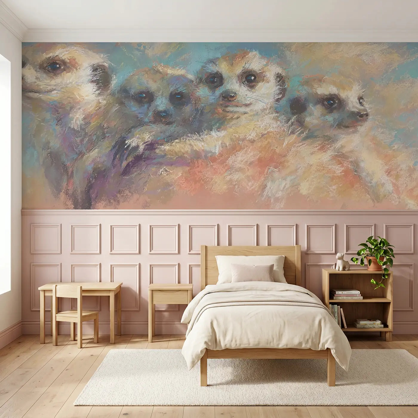 Soft Pastel meerkat family cuddle wainscoting wallpaper for nursery by Whimsy Tots.