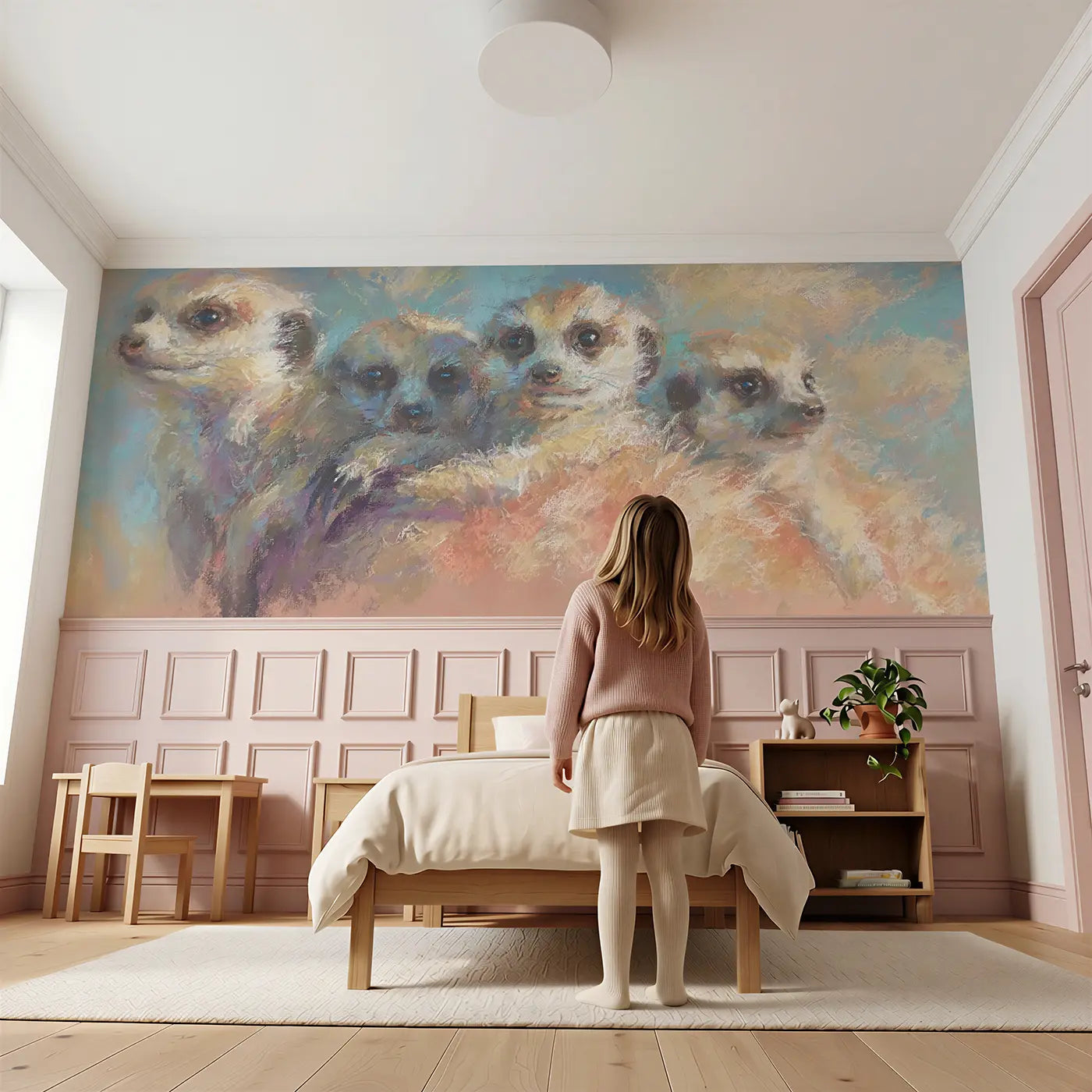 Child reading near Pastel Meerkat Family Cuddle Wainscoting Wallpaper by Whimsy Tots