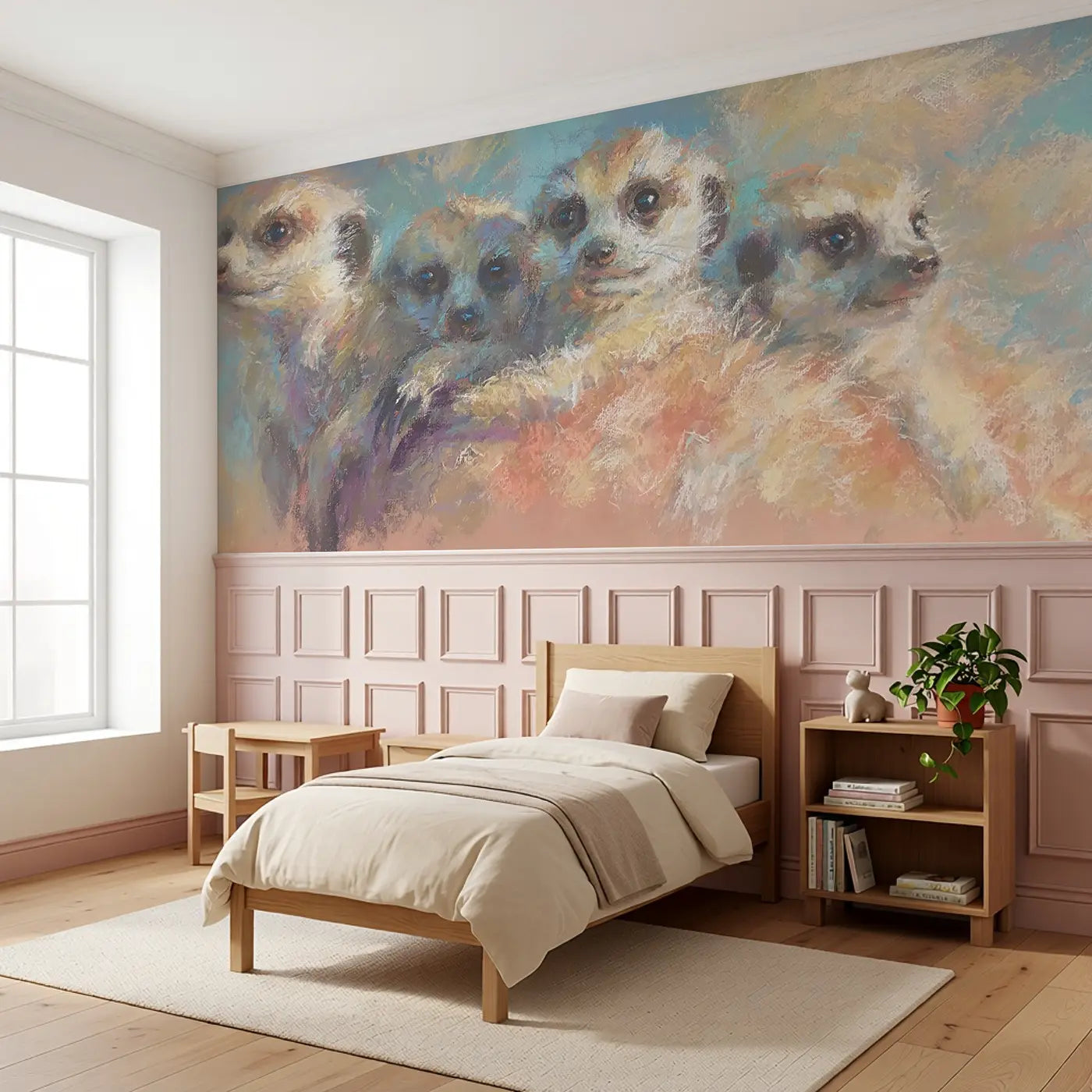 Pastel Meerkat Family Cuddle Wainscoting Wallpaper styled in a kids bedroom by Whimsy Tots