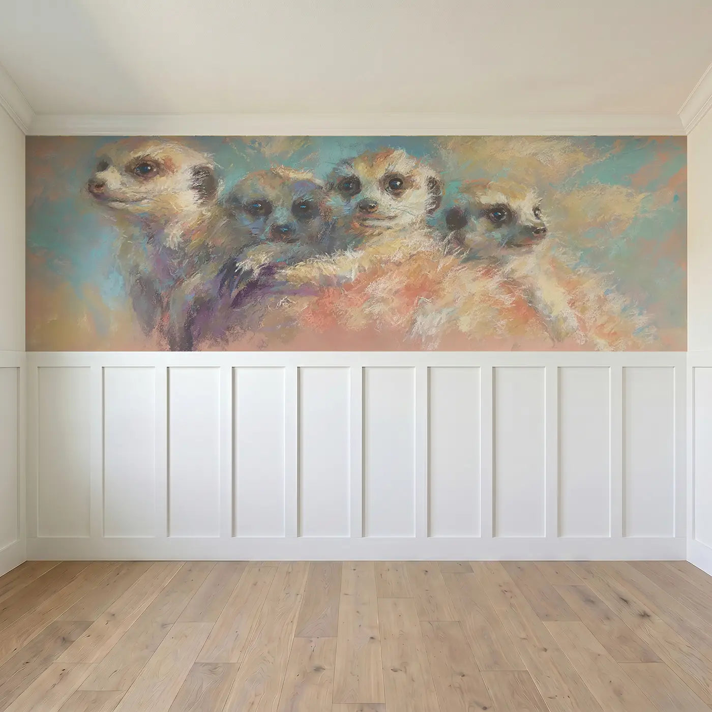 Full panel view of Pastel Meerkat Family Cuddle Wainscoting Wallpaper by Whimsy Tots