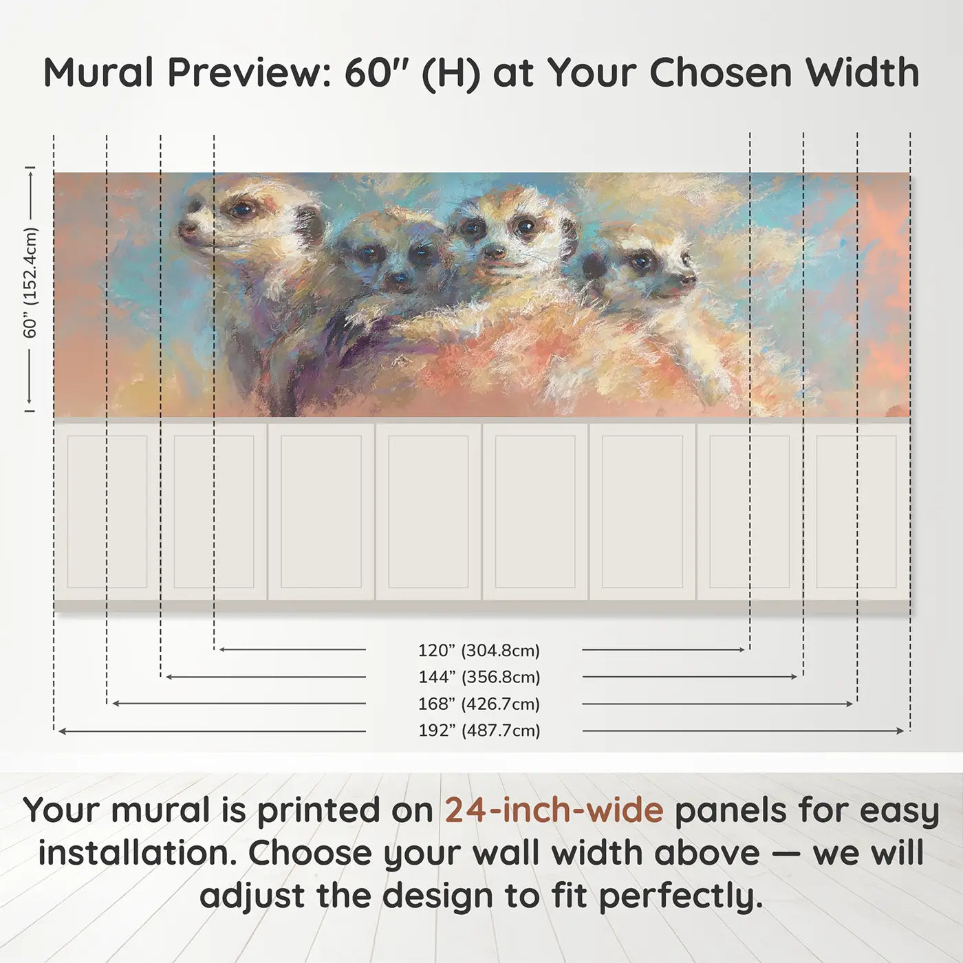 Panel dimensions for Pastel Meerkat Family Cuddle Wainscoting Wallpaper by Whimsy Tots