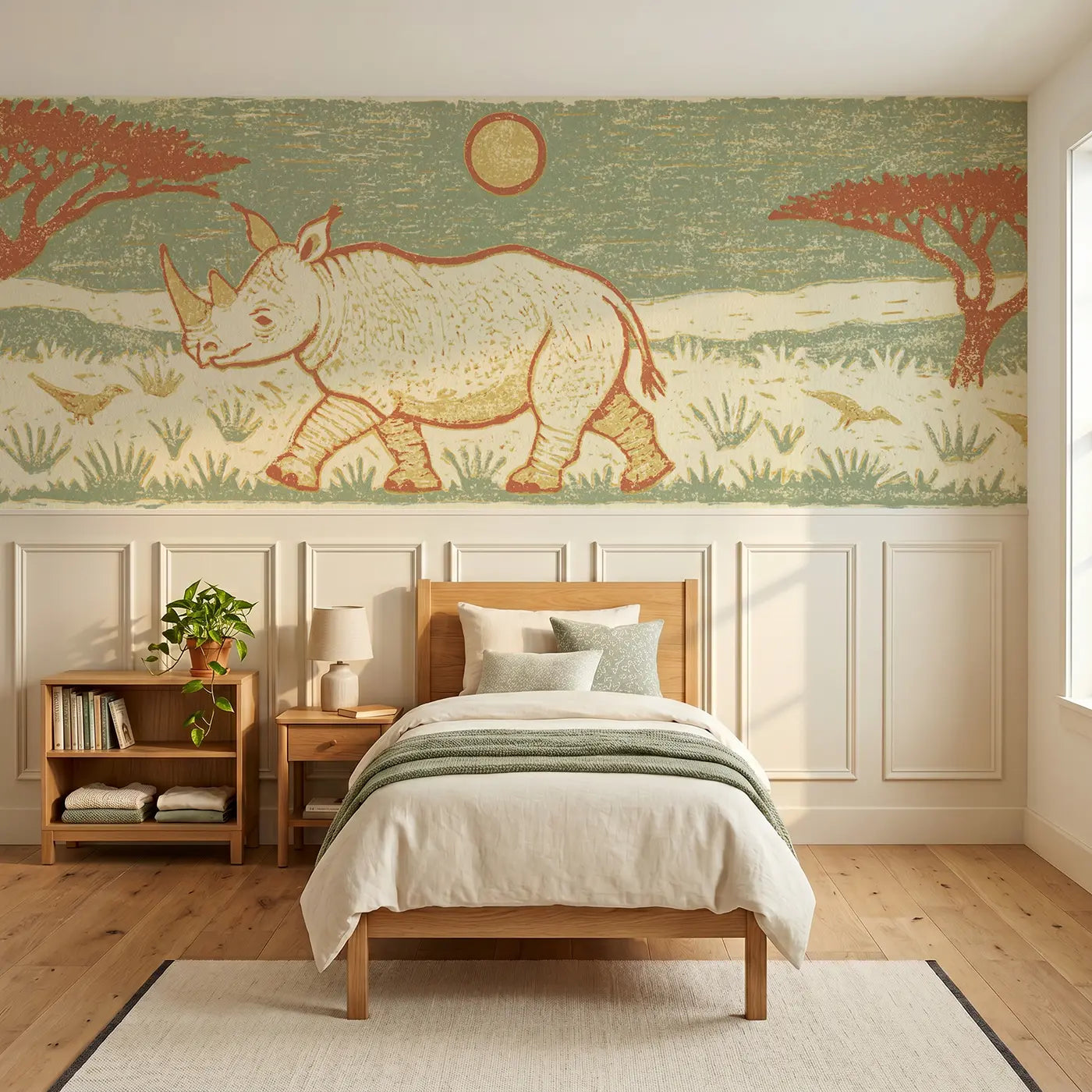 Block Print rhino grassland band wainscoting wallpaper for bedroom by Whimsy Tots.