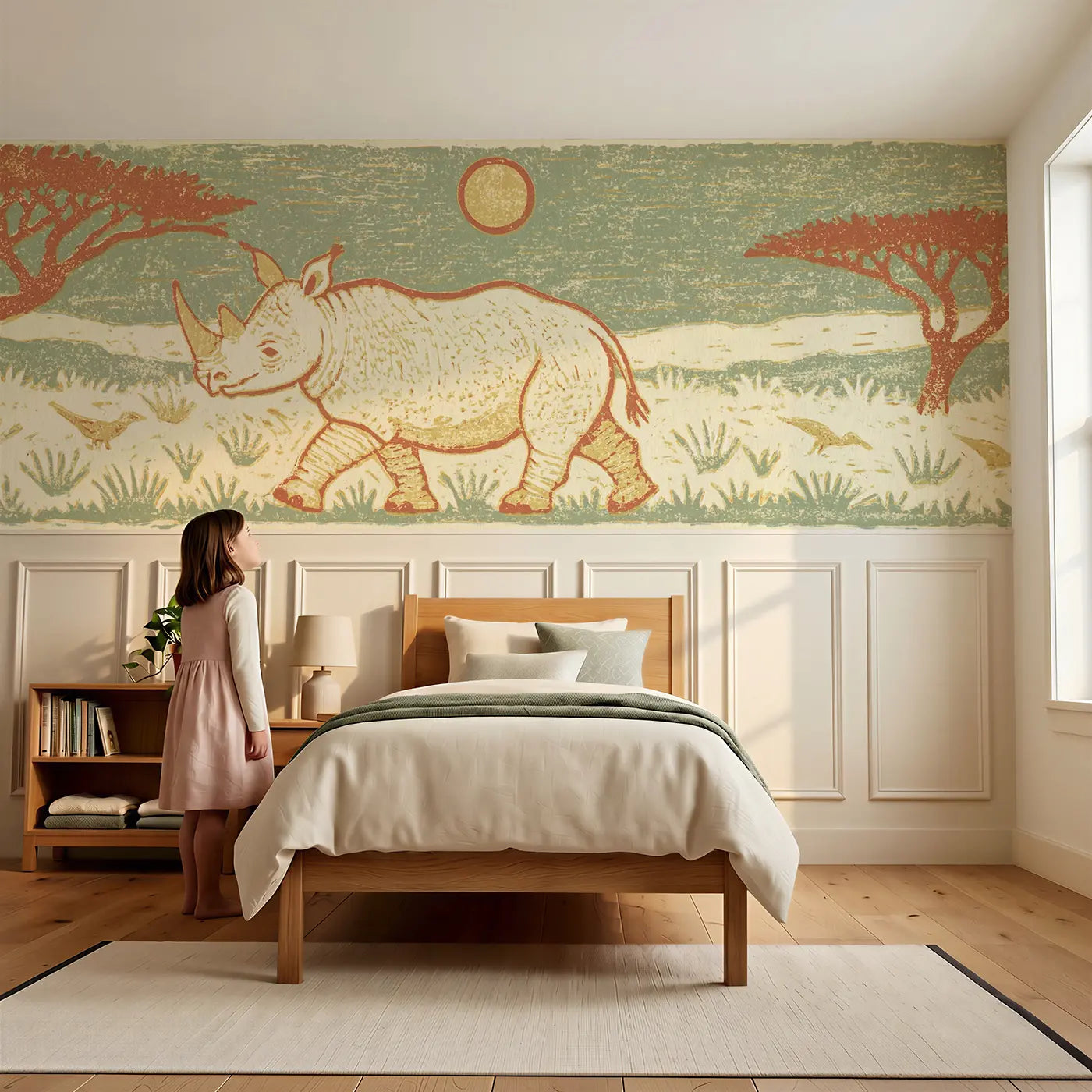 Child reading near Carved Rhino Grassland Band Wainscoting Wallpaper by Whimsy Tots