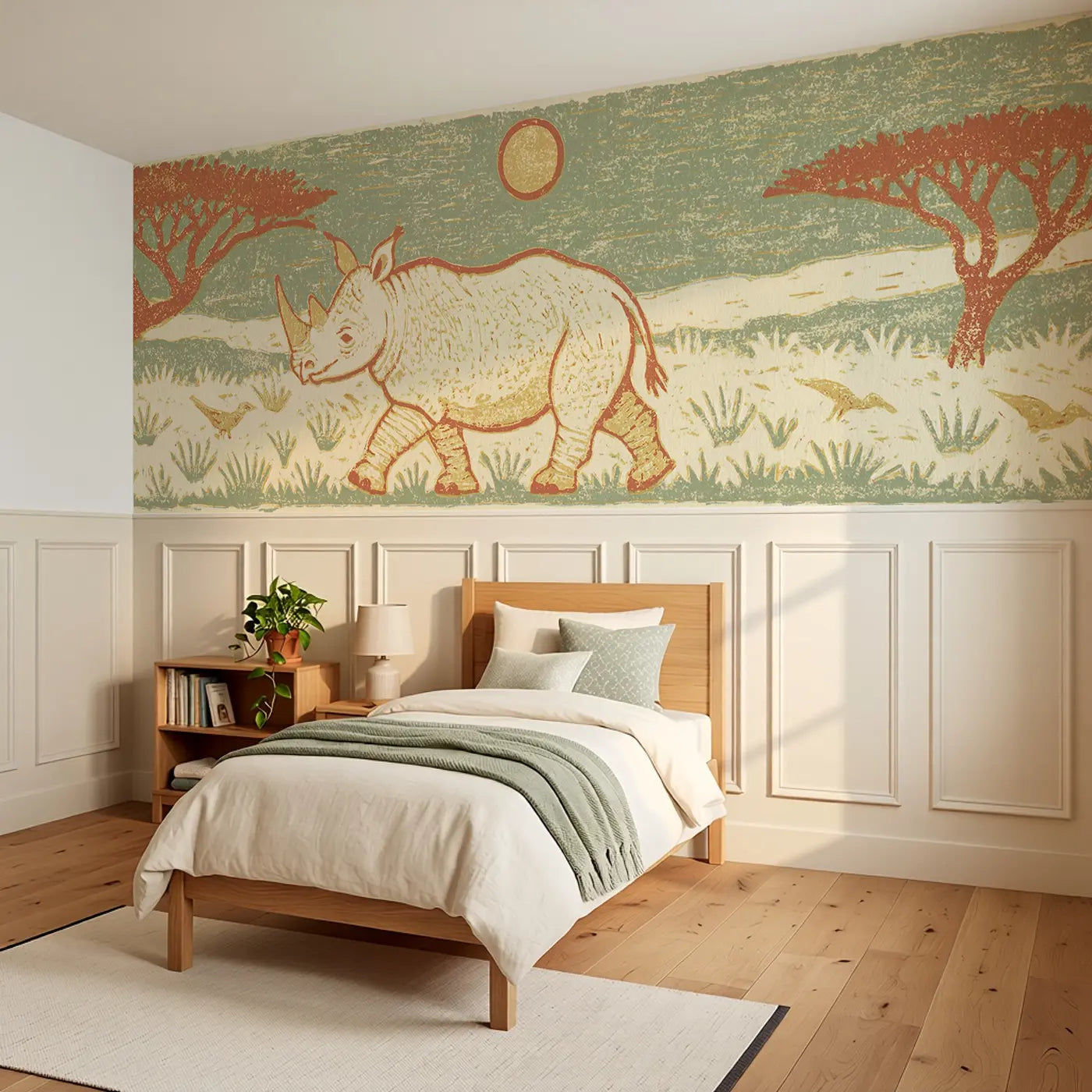 Carved Rhino Grassland Band Wainscoting Wallpaper styled in a kids bedroom by Whimsy Tots