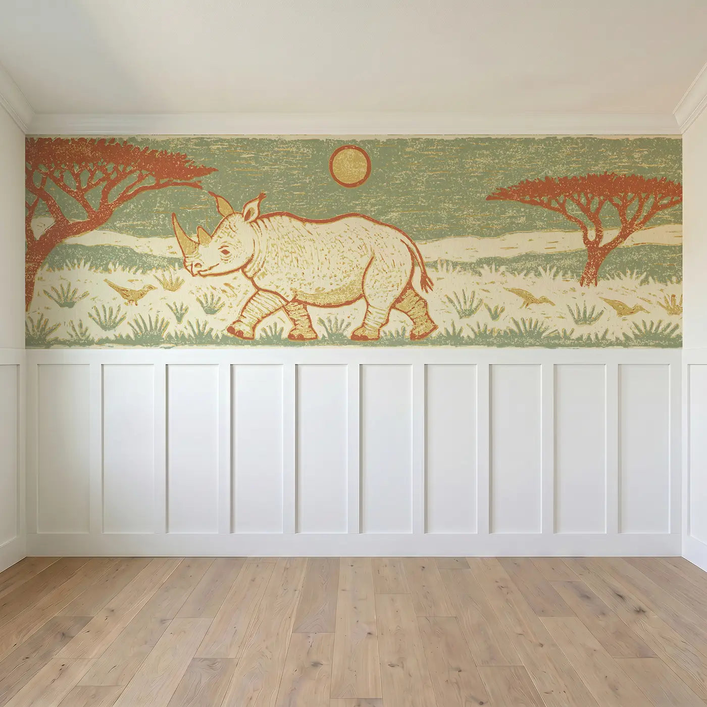 Full panel view of Carved Rhino Grassland Band Wainscoting Wallpaper by Whimsy Tots