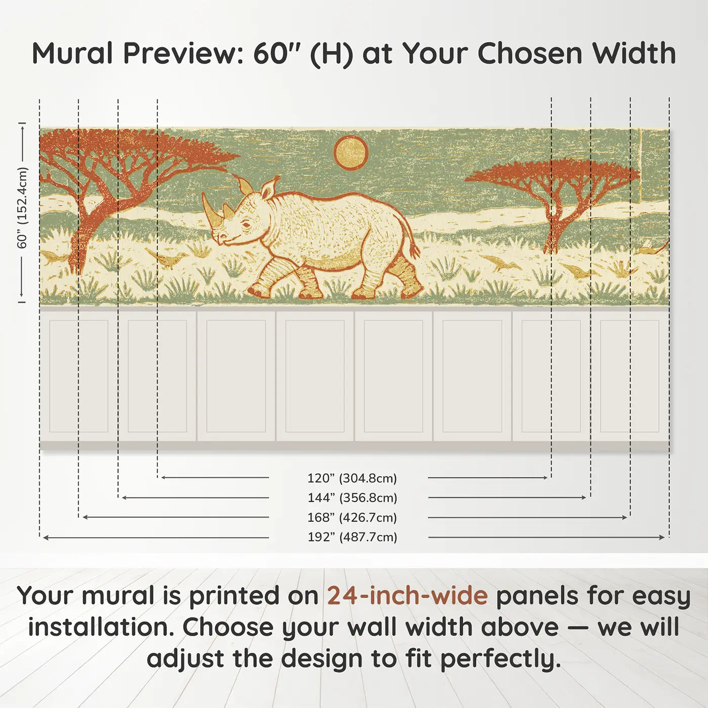 Panel dimensions for Carved Rhino Grassland Band Wainscoting Wallpaper by Whimsy Tots