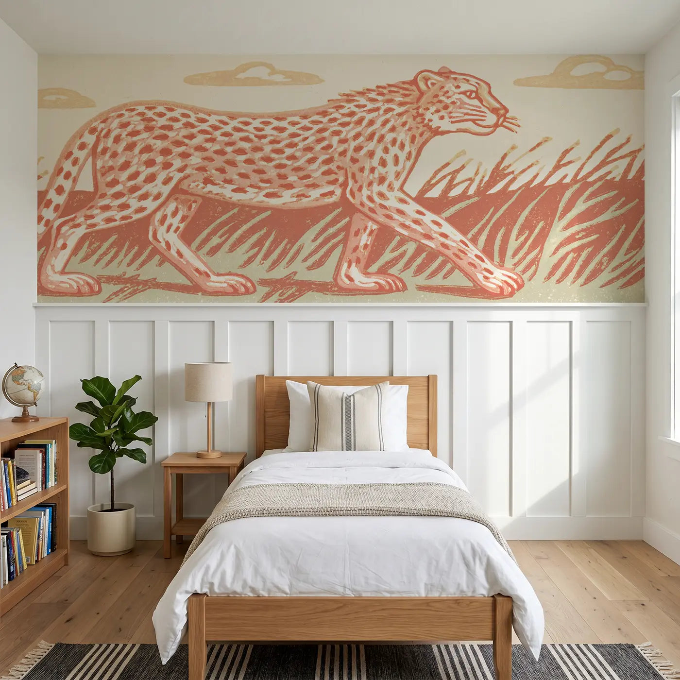 Block Print cheetah run wainscoting wallpaper for bedroom by Whimsy Tots.