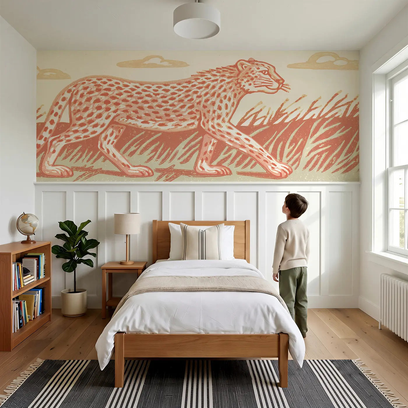 Child reading near Block Print Cheetah Run Wainscoting Wallpaper by Whimsy Tots
