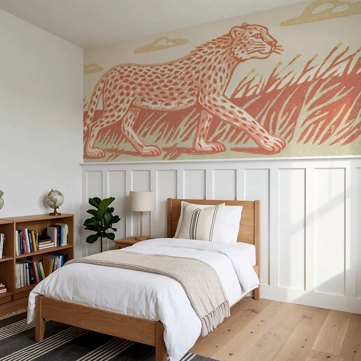 Block Print Cheetah Run Wainscoting Wallpaper styled in a kids bedroom by Whimsy Tots