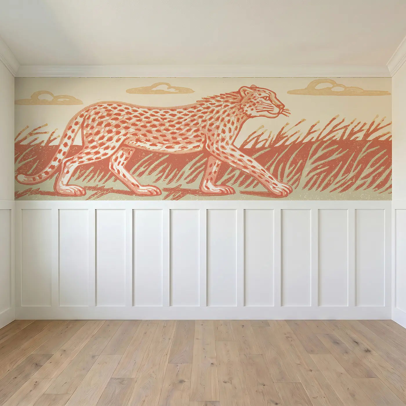 Full panel view of Block Print Cheetah Run Wainscoting Wallpaper by Whimsy Tots