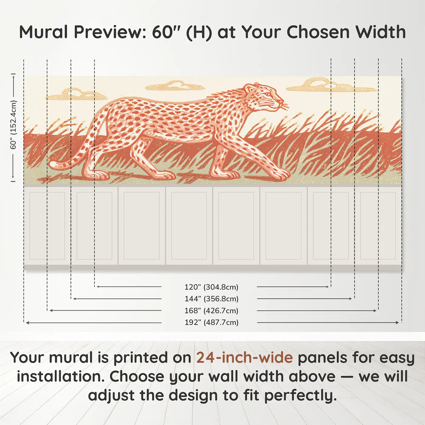 Panel dimensions for Block Print Cheetah Run Wainscoting Wallpaper by Whimsy Tots