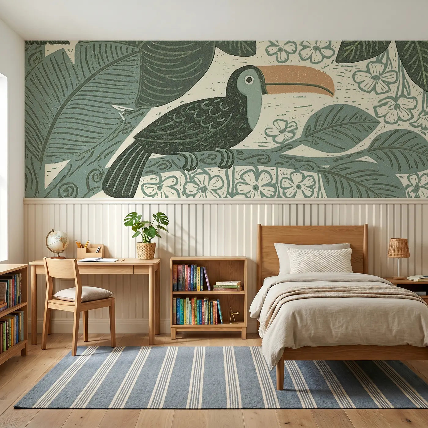 Block Print toucan rainforest wainscoting wallpaper for bedroom by Whimsy Tots.