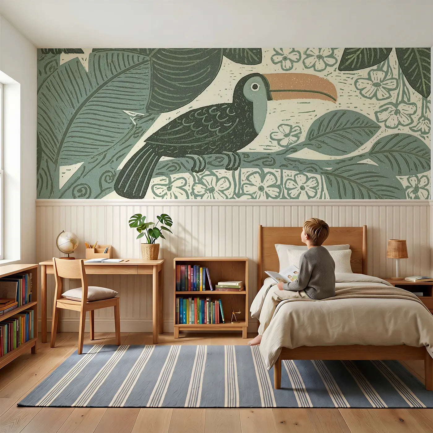 Child reading near Carved Toucan Rainforest Wainscoting Wallpaper by Whimsy Tots