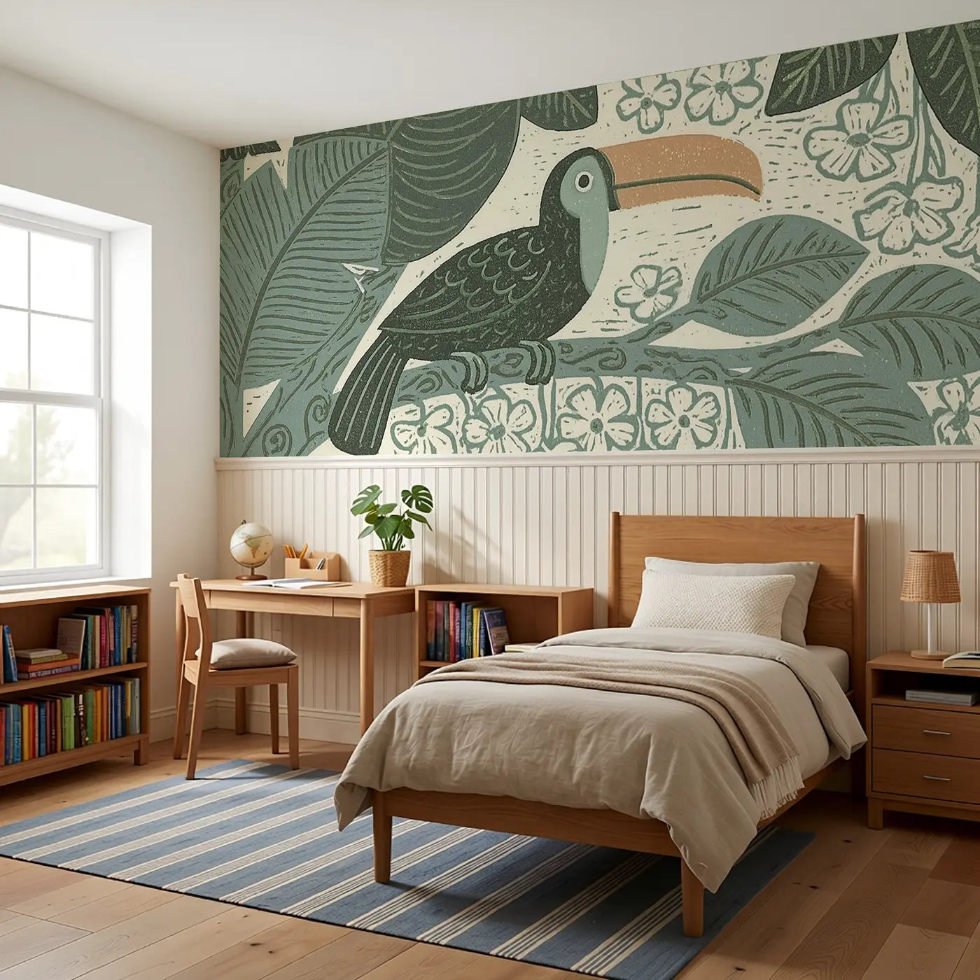 Carved Toucan Rainforest Wainscoting Wallpaper styled in a kids bedroom by Whimsy Tots