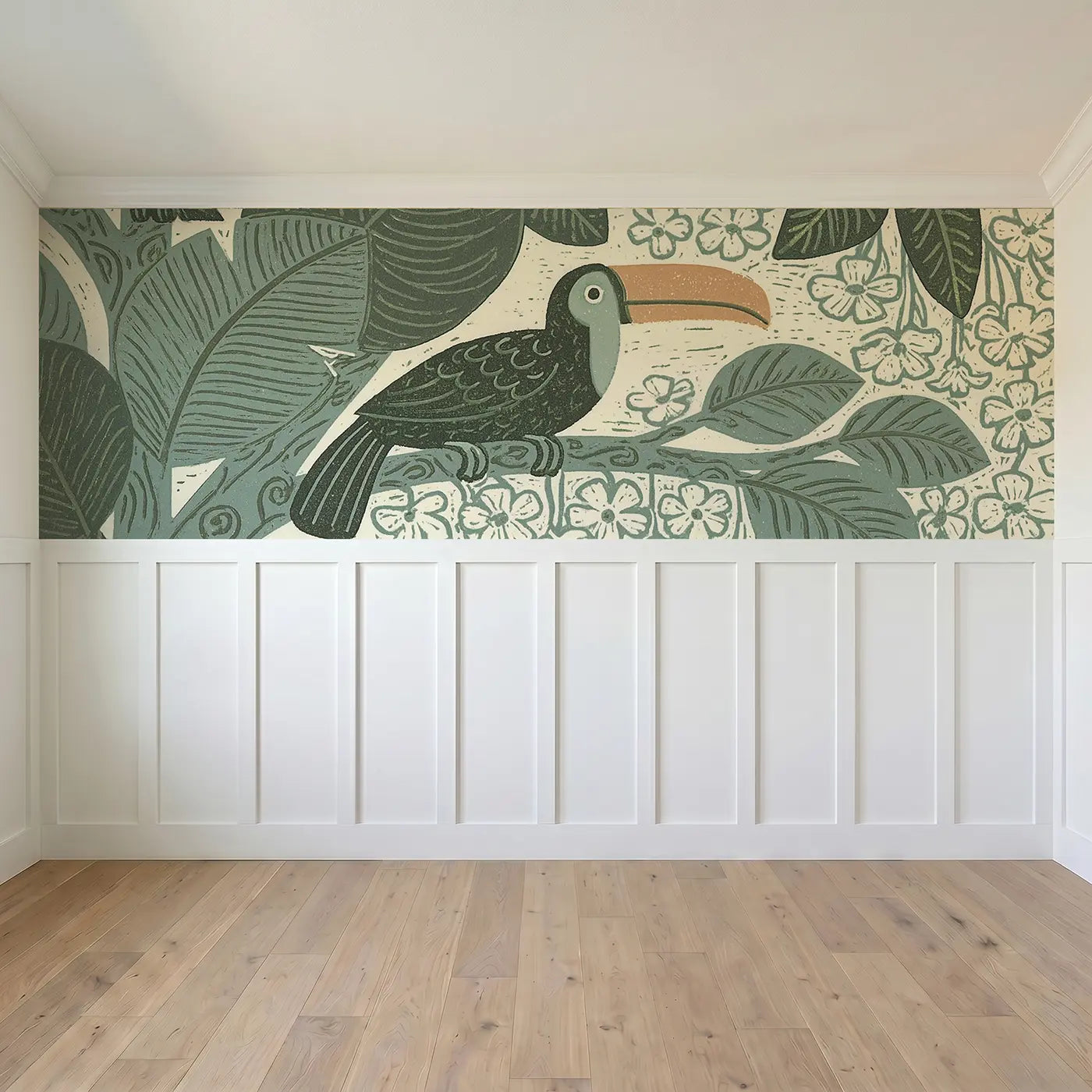 Full panel view of Carved Toucan Rainforest Wainscoting Wallpaper by Whimsy Tots
