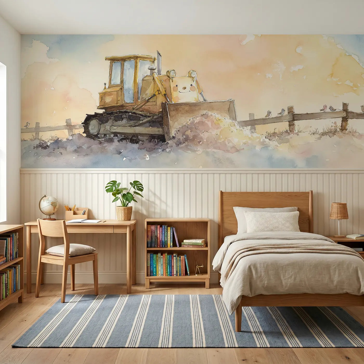 Watercolor bulldozer soft dirt push wainscoting wallpaper for bedroom by Whimsy Tots.