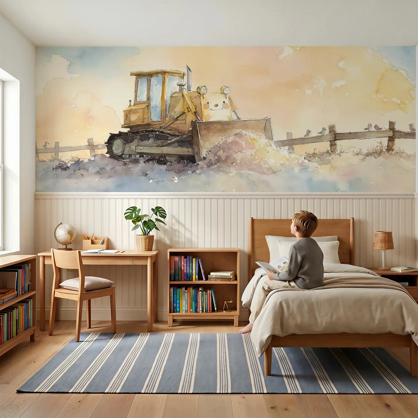 Child reading near Bulldozer Soft Dirt Push Wainscoting Wallpaper by Whimsy Tots