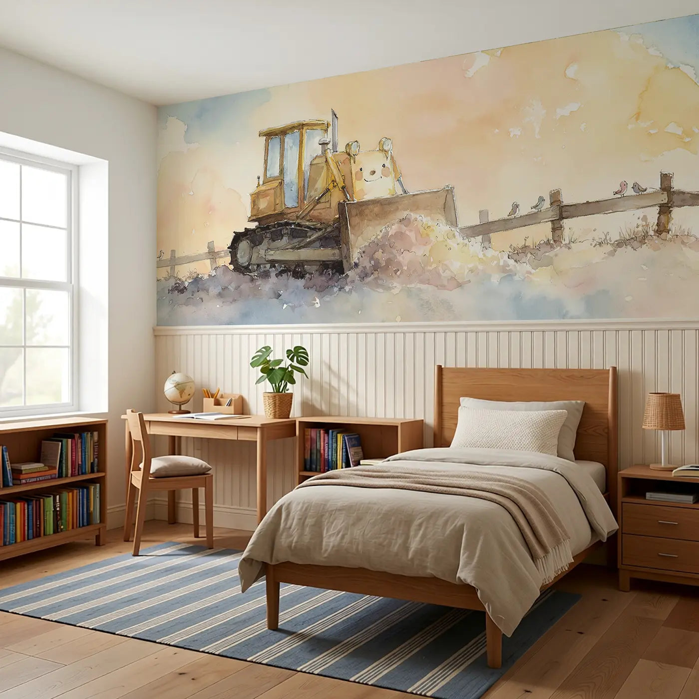 Bulldozer Soft Dirt Push Wainscoting Wallpaper styled in a kids bedroom by Whimsy Tots
