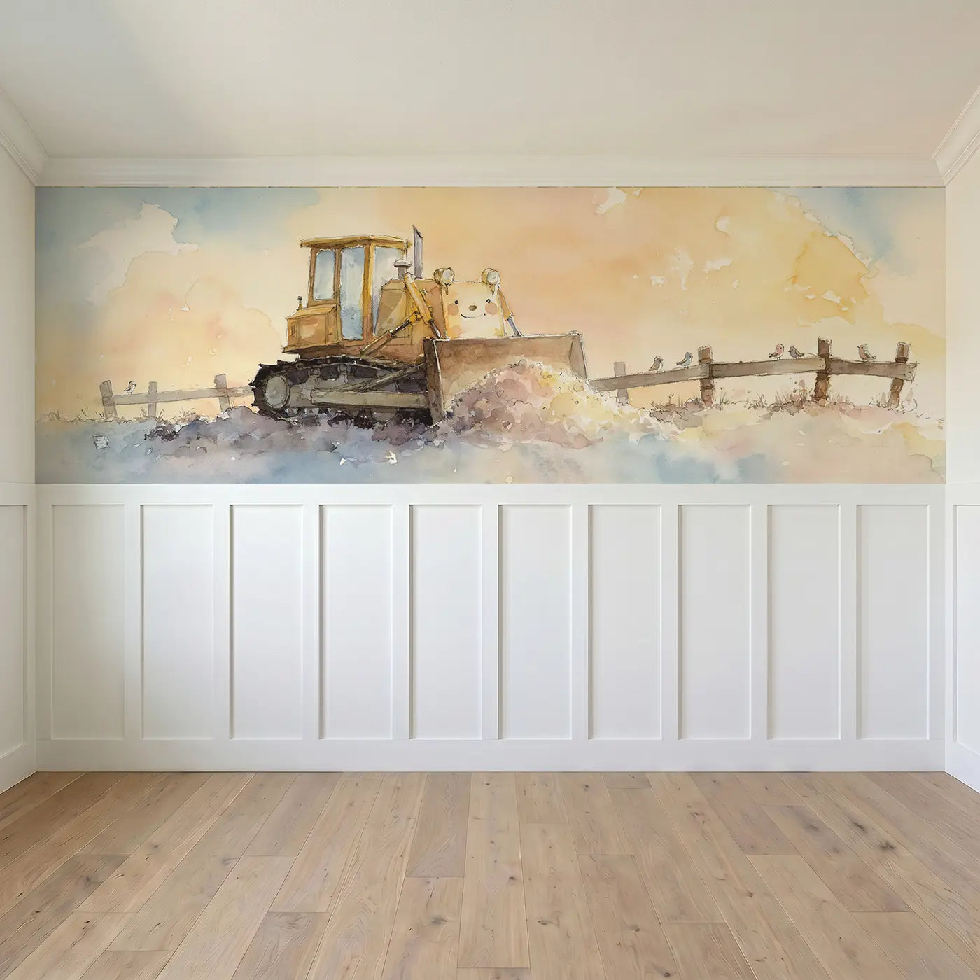 Full panel view of Bulldozer Soft Dirt Push Wainscoting Wallpaper by Whimsy Tots