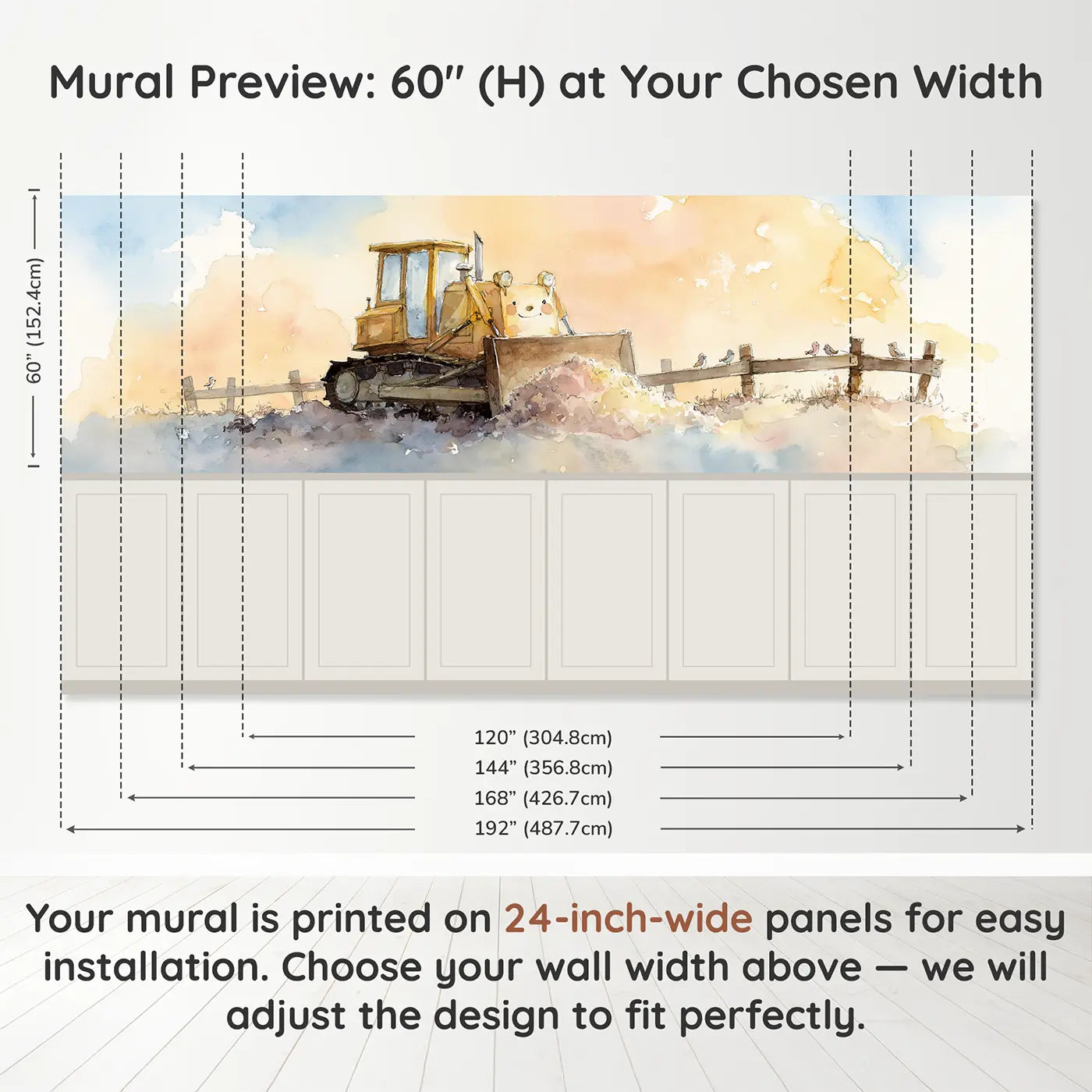Panel dimensions for Bulldozer Soft Dirt Push Wainscoting Wallpaper by Whimsy Tots