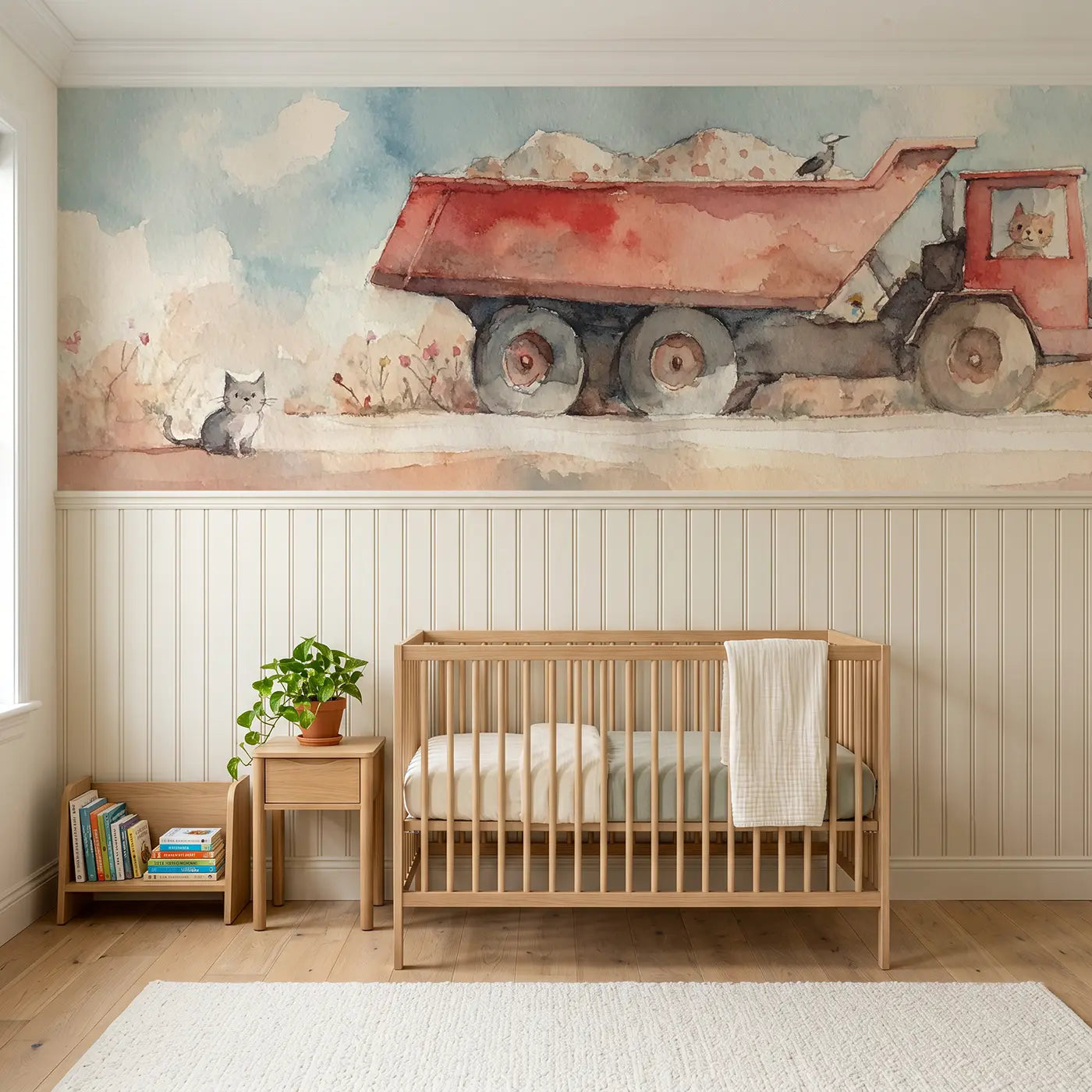 Watercolor dump truck sunny day wainscoting wallpaper for nursery by Whimsy Tots.
