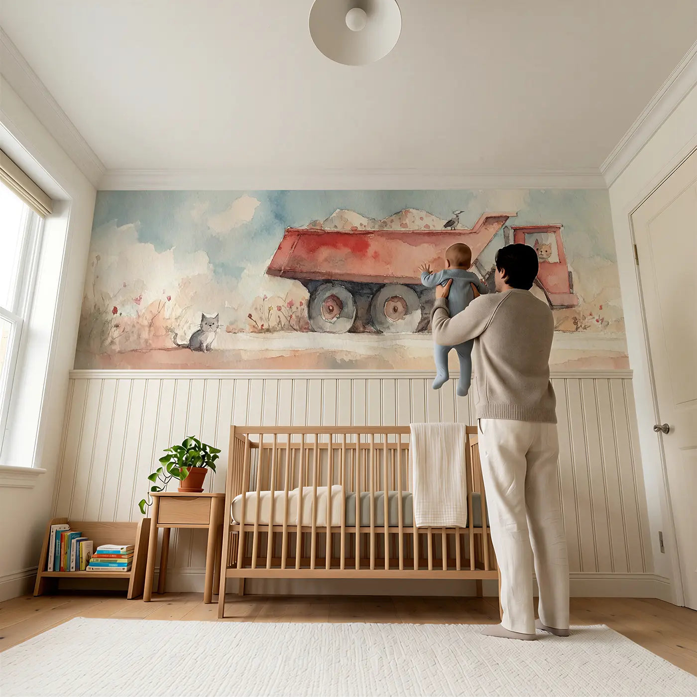 Child reading near Dump Truck Sunny Day Wainscoting Wallpaper by Whimsy Tots