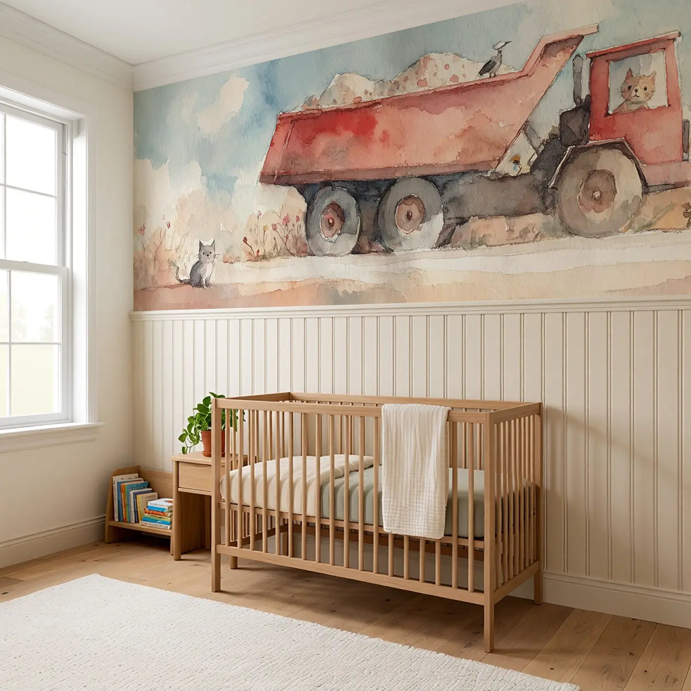 Dump Truck Sunny Day Wainscoting Wallpaper styled in a kids bedroom by Whimsy Tots