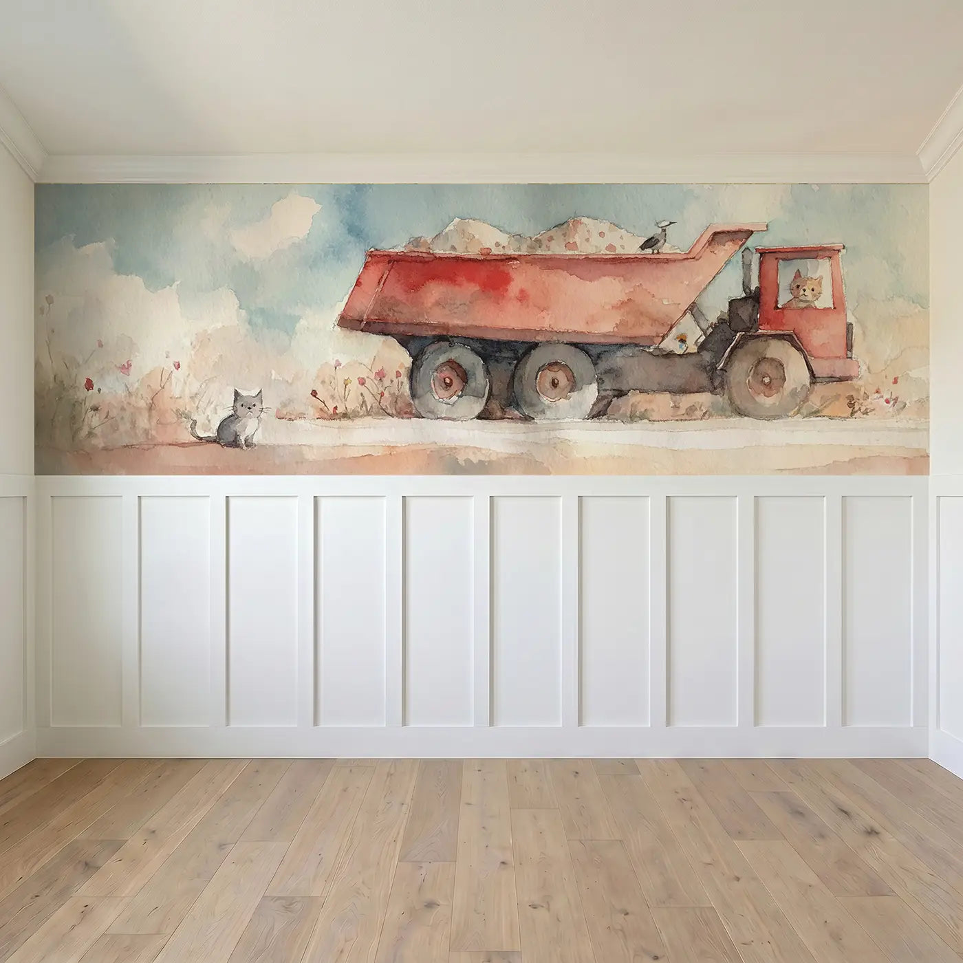 Full panel view of Dump Truck Sunny Day Wainscoting Wallpaper by Whimsy Tots