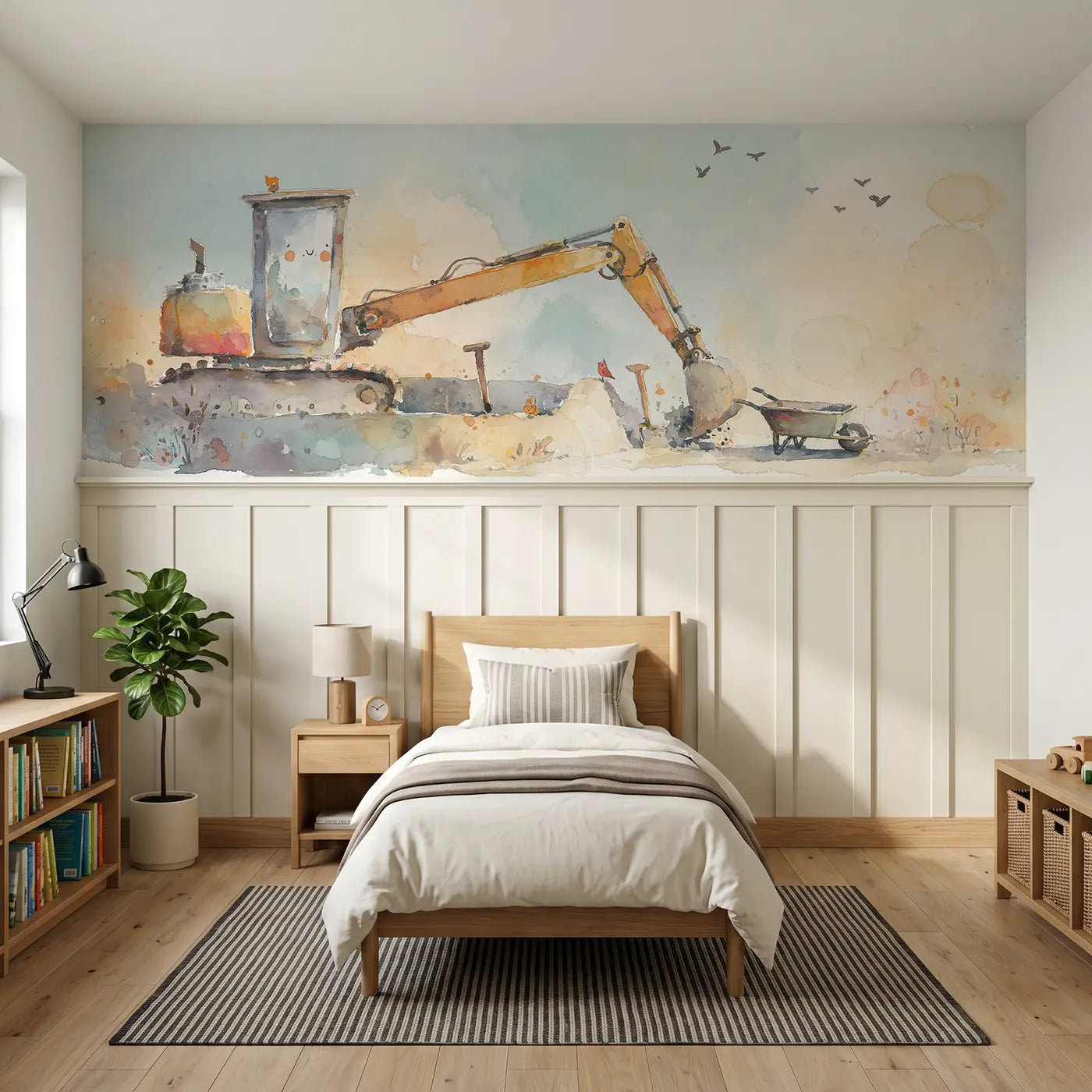 Watercolor excavator sandbox afternoon wainscoting wallpaper for bedroom by Whimsy Tots.