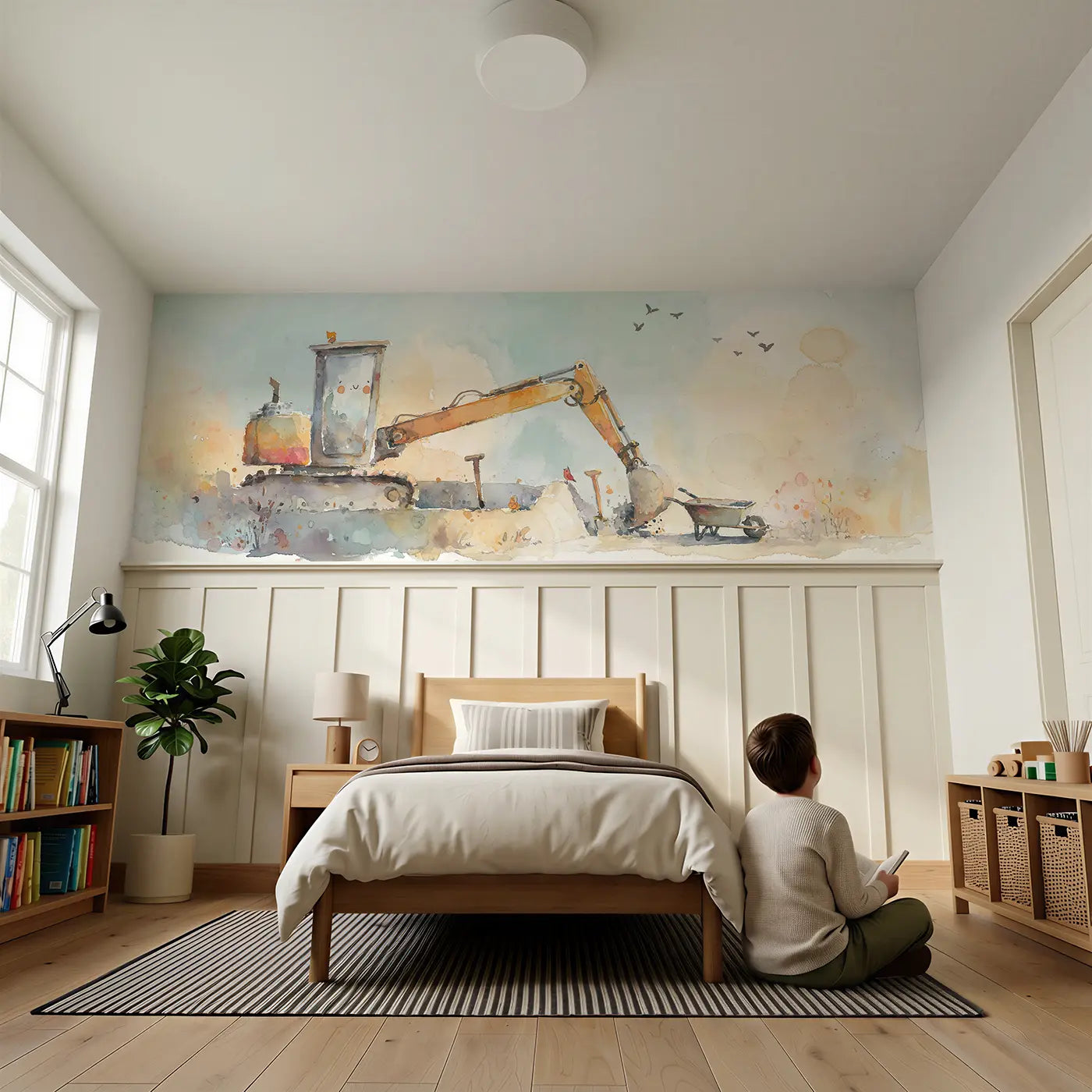 Child reading near Excavator Sandbox Afternoon Wainscoting Wallpaper by Whimsy Tots