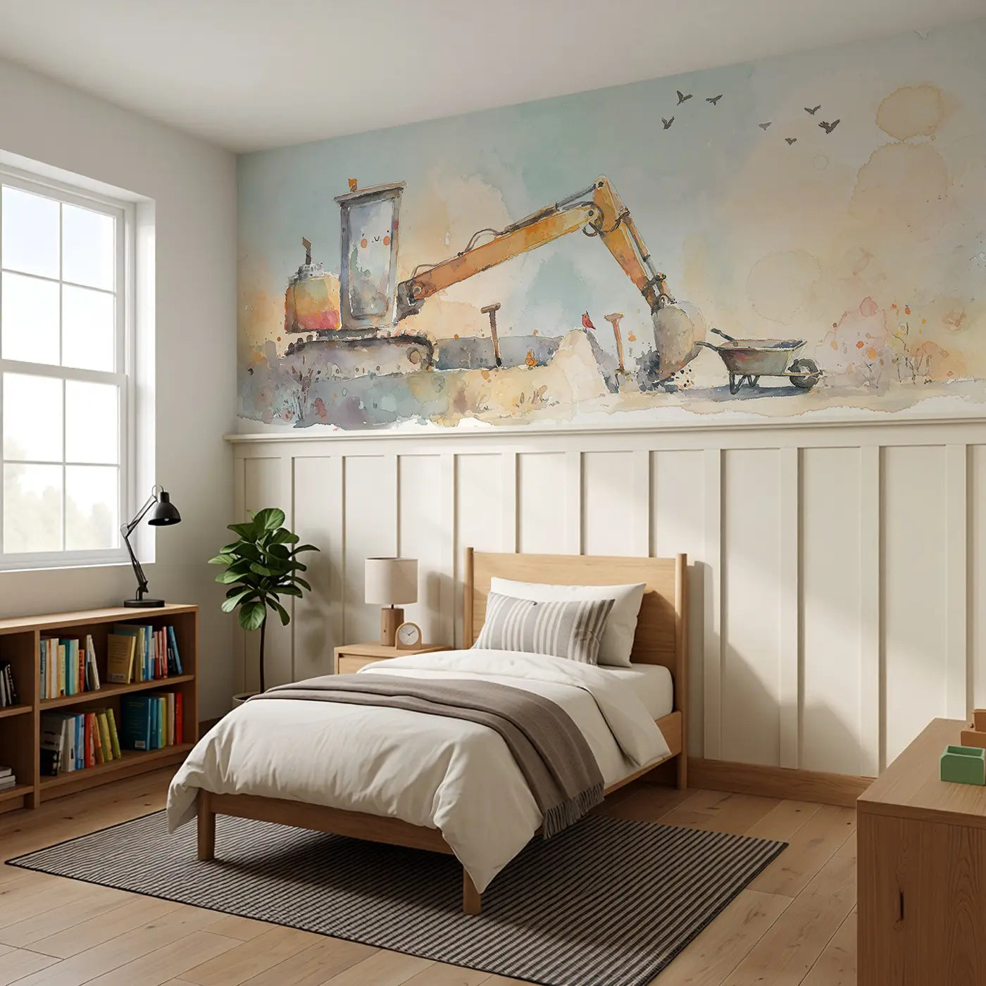 Excavator Sandbox Afternoon Wainscoting Wallpaper styled in a kids bedroom by Whimsy Tots