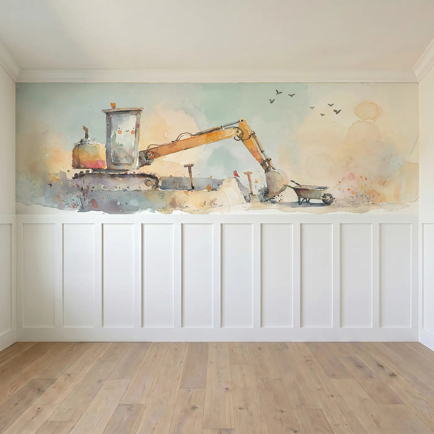 Full panel view of Excavator Sandbox Afternoon Wainscoting Wallpaper by Whimsy Tots