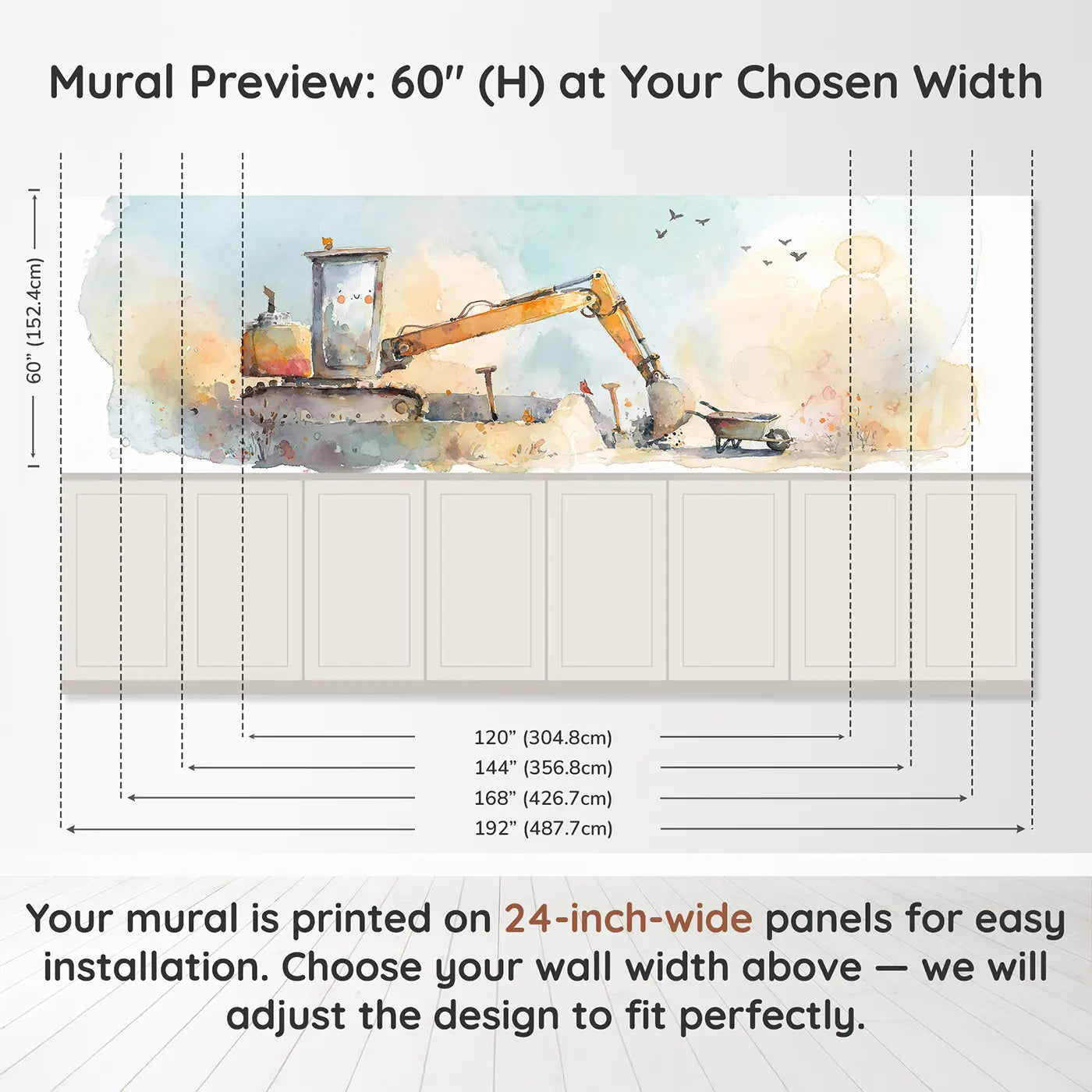 Panel dimensions for Excavator Sandbox Afternoon Wainscoting Wallpaper by Whimsy Tots
