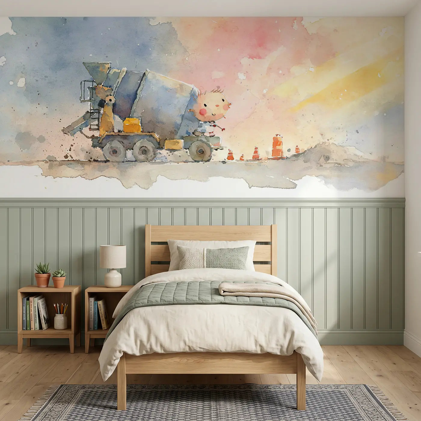Watercolor cement mixer soft hum wainscoting wallpaper for bedroom by Whimsy Tots.