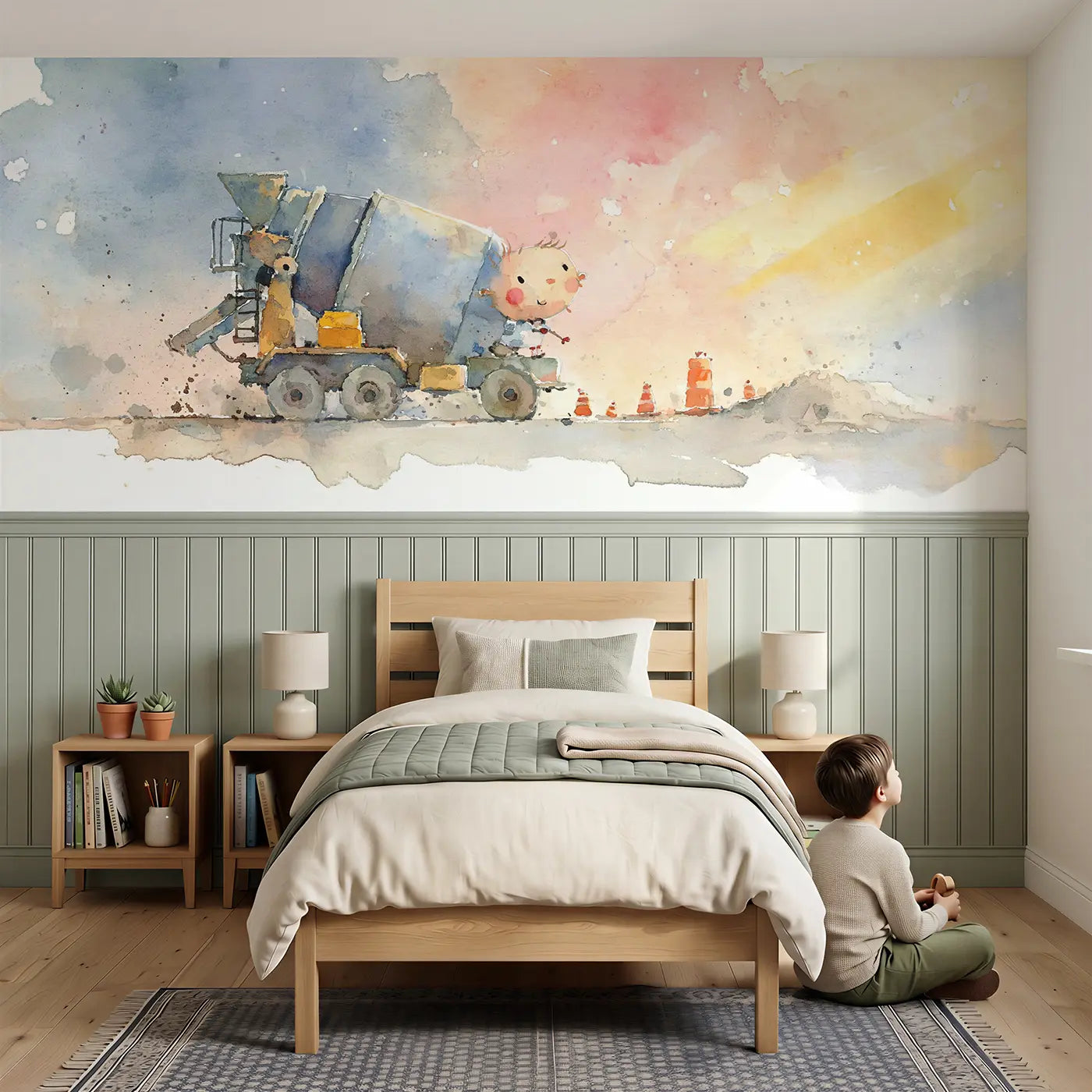 Child reading near Cement Mixer Soft Hum Wainscoting Wallpaper by Whimsy Tots