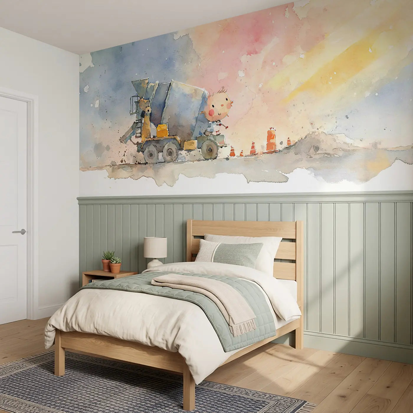Cement Mixer Soft Hum Wainscoting Wallpaper styled in a kids bedroom by Whimsy Tots