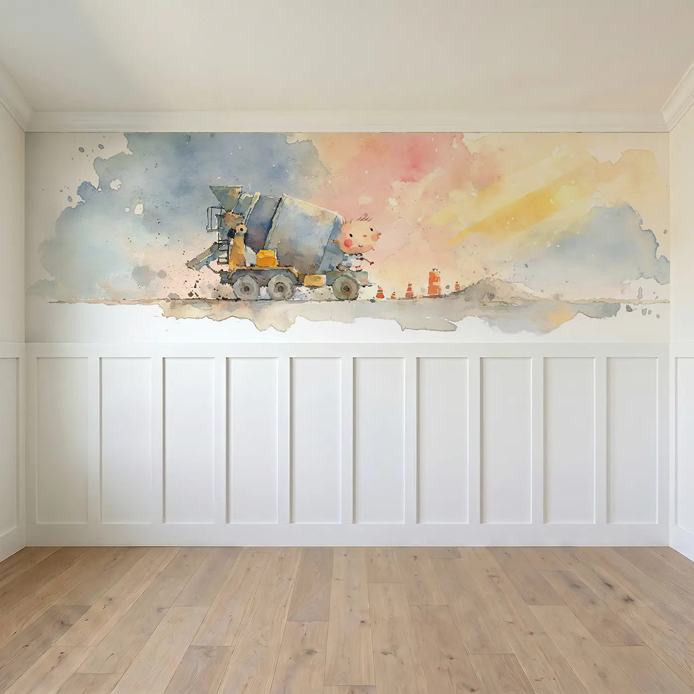 Full panel view of Cement Mixer Soft Hum Wainscoting Wallpaper by Whimsy Tots